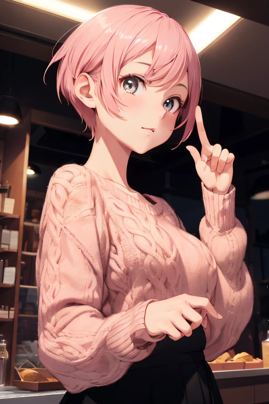 absurderes, hight resolution, ultra-detailliert, Stubborn lighting, Upward thumb hand gesture, gesture, brilliance, masterpiece, top-quality, 1girl in, Pink shorthair,Black sweater