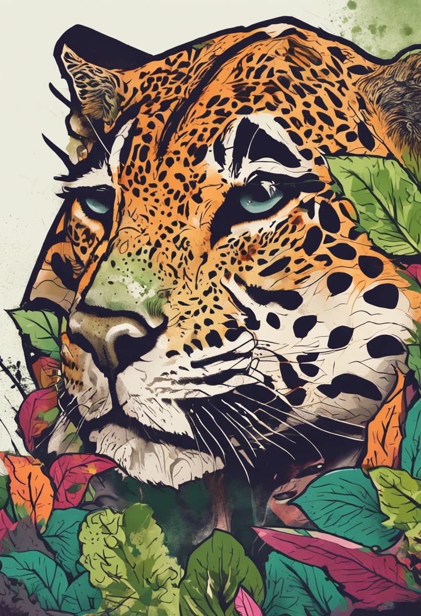 Create an image of a jaguar painted with a unique pattern to become a logo of a company, where stains are replaced with marijuana leaves, symbolizing the connection between wild nature and the plant.