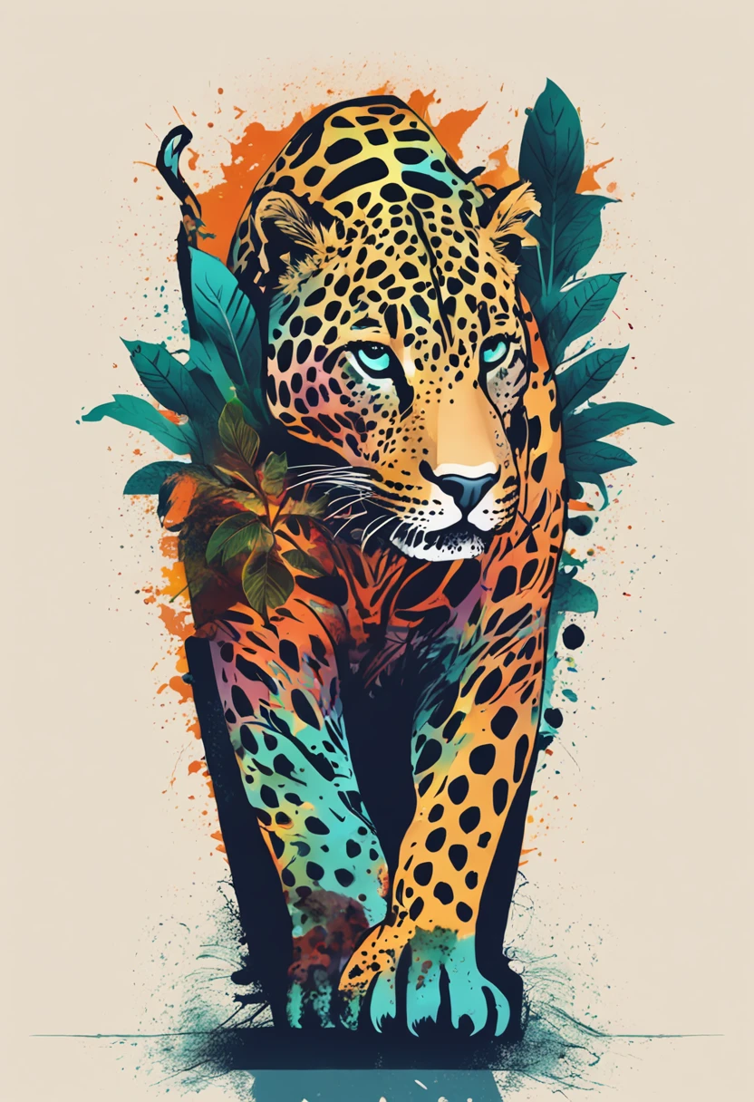 Create an image of a jaguar painted with a unique pattern to become a logo of a company, where stains are replaced with marijuana leaves, symbolizing the connection between wild nature and the plant.