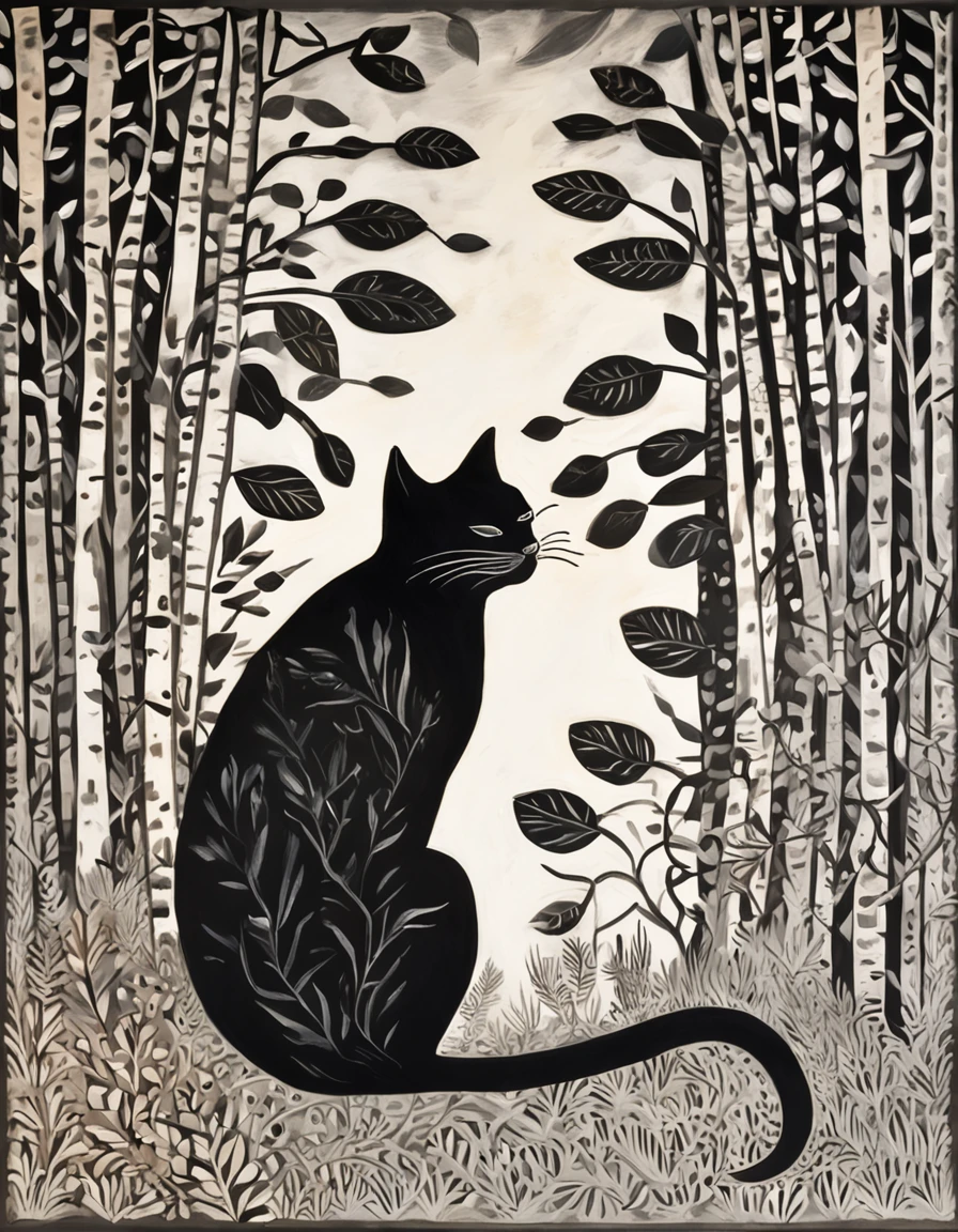 um gato negro e misterioso se esgueirando pelas sombras de uma floresta encantada. The moonlight filtered through the leaves creates magical patterns on the ground, enquanto os olhos brilhantes do gato refletem a lua cheia. The atmosphere is charged with mystery and charm, As if the cat were a keeper of the secrets of the forest. Detailed illustration in black and grayscale, with a focus on textures and magical atmosphere.