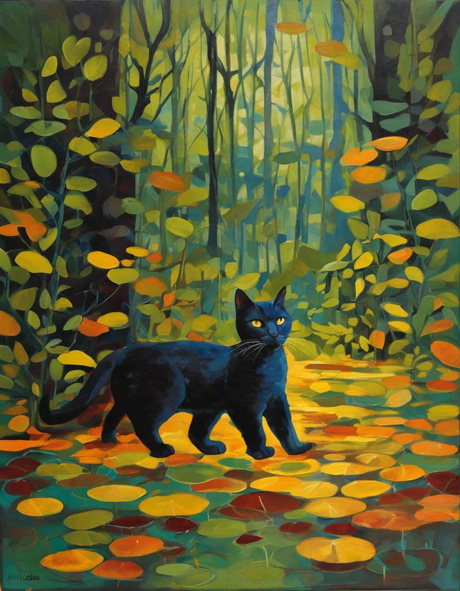 um gato negro e misterioso se esgueirando pelas sombras de uma floresta encantada. The moonlight filtered through the leaves creates magical patterns on the ground, enquanto os olhos brilhantes do gato refletem a lua cheia. The atmosphere is charged with mystery and charm, As if the cat were a keeper of the secrets of the forest. Detailed illustration in black and grayscale, with a focus on textures and magical atmosphere.