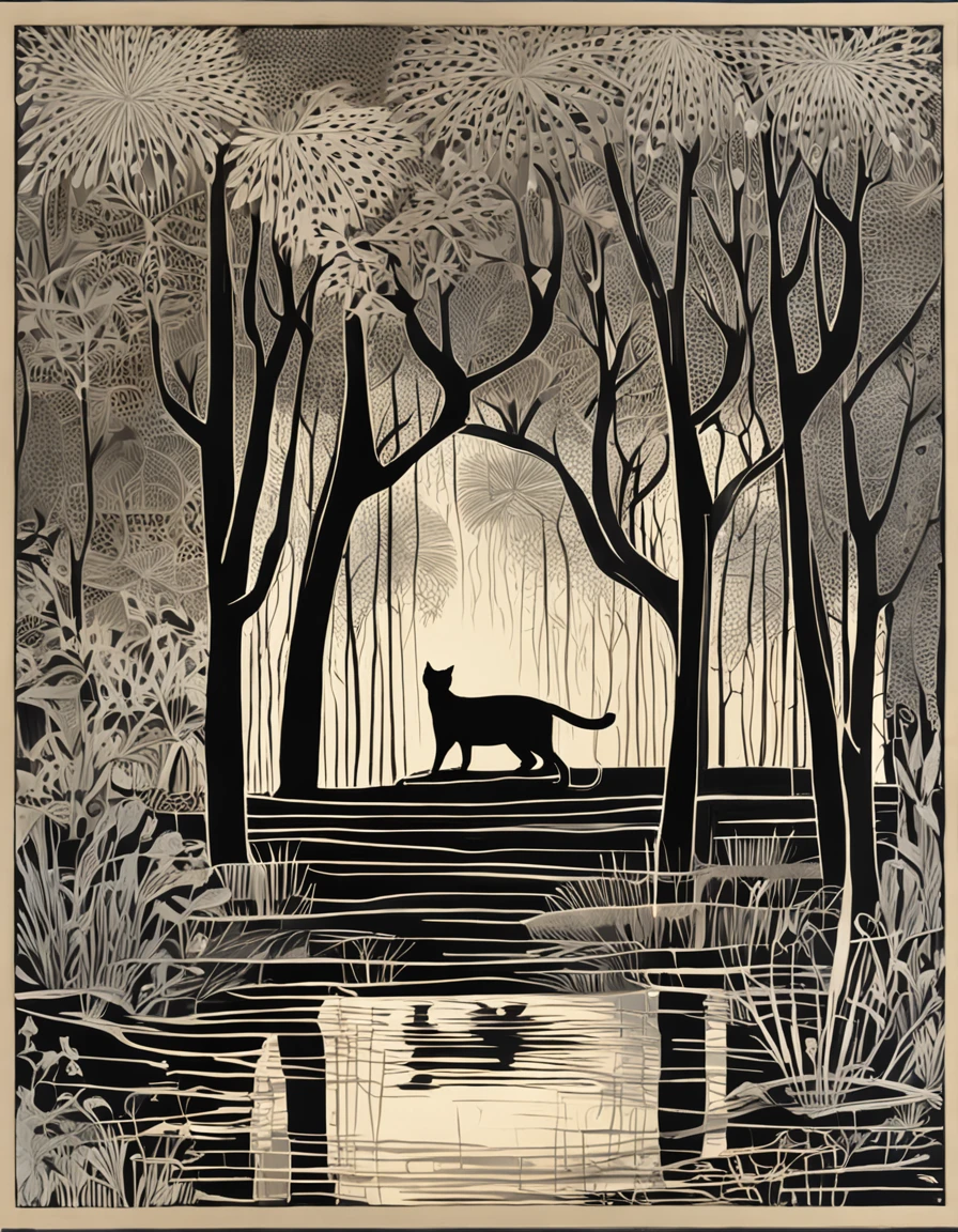 um gato negro e misterioso se esgueirando pelas sombras de uma floresta encantada. The moonlight filtered through the leaves creates magical patterns on the ground, enquanto os olhos brilhantes do gato refletem a lua cheia. The atmosphere is charged with mystery and charm, As if the cat were a keeper of the secrets of the forest. Detailed illustration in black and grayscale, with a focus on textures and magical atmosphere.
