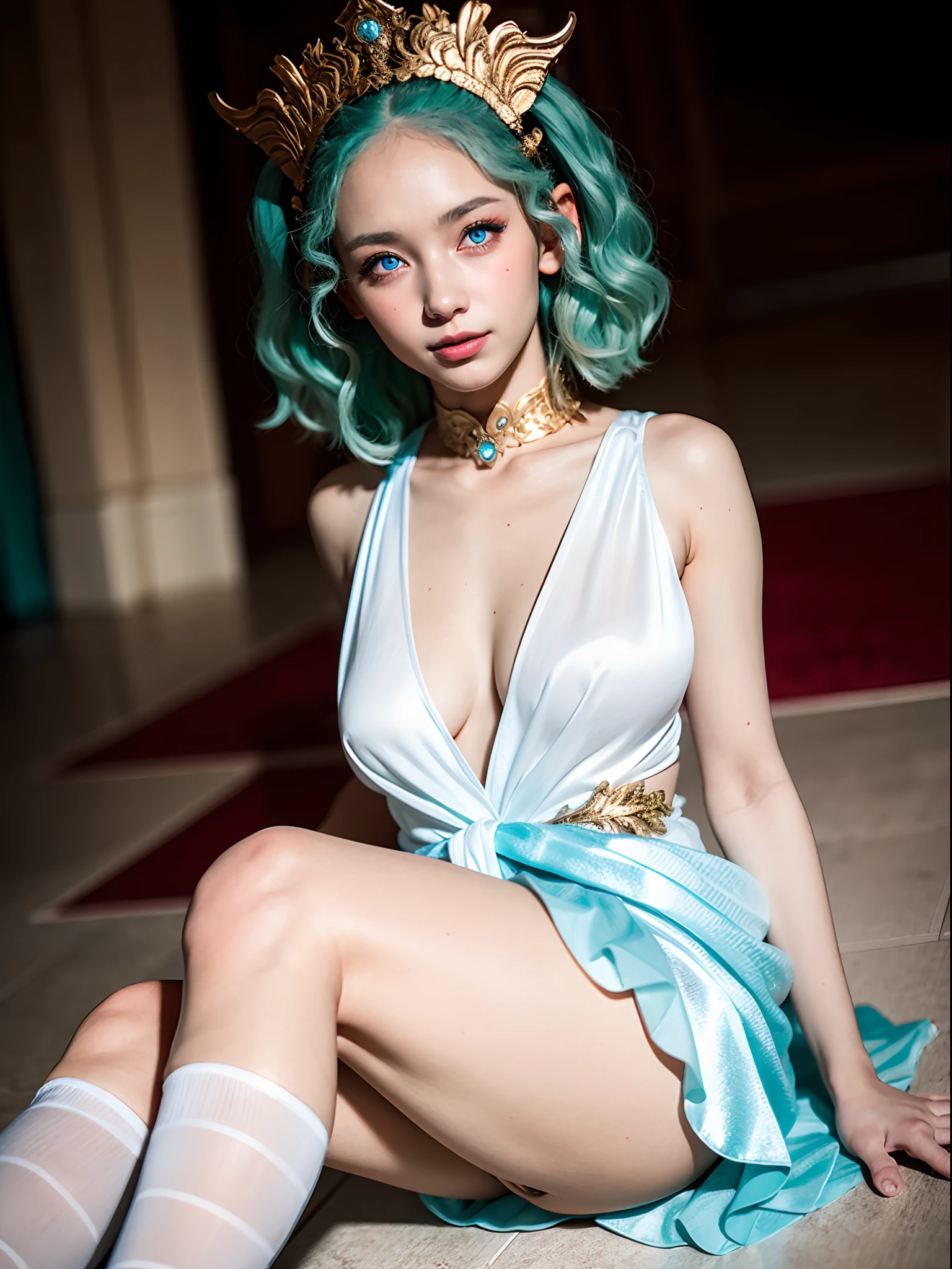 (masterpiece, best quality:1.4), (sitting at the floor:1.5), (sexy pose:1.4), (looking at viewer:1.2), smile, 1girl, shiny skin, night sky, full moon, Menphina, blue eyes, blue hair, crown, aqua eyes, aqua hair, luxury dress, white blue dress, pale skin, glowing eyes, golden armor arm, aqua_eyes, aqua_hair, jewelry, white_dress, crown, one wing, accidental exposure panties, seat, white panties, beautiful face, (highly detailed face), highly detailed eyes, highly detailed skin, skin pores, subsurface scattering, realistic pupils, medium breast, full face blush, full lips, detailed background, depth of field, volumetric lighting, sharp focus, absurdres, realistic proportions, good anatomy, (realistic, hyperrealistic:1.4), 16k hdr,