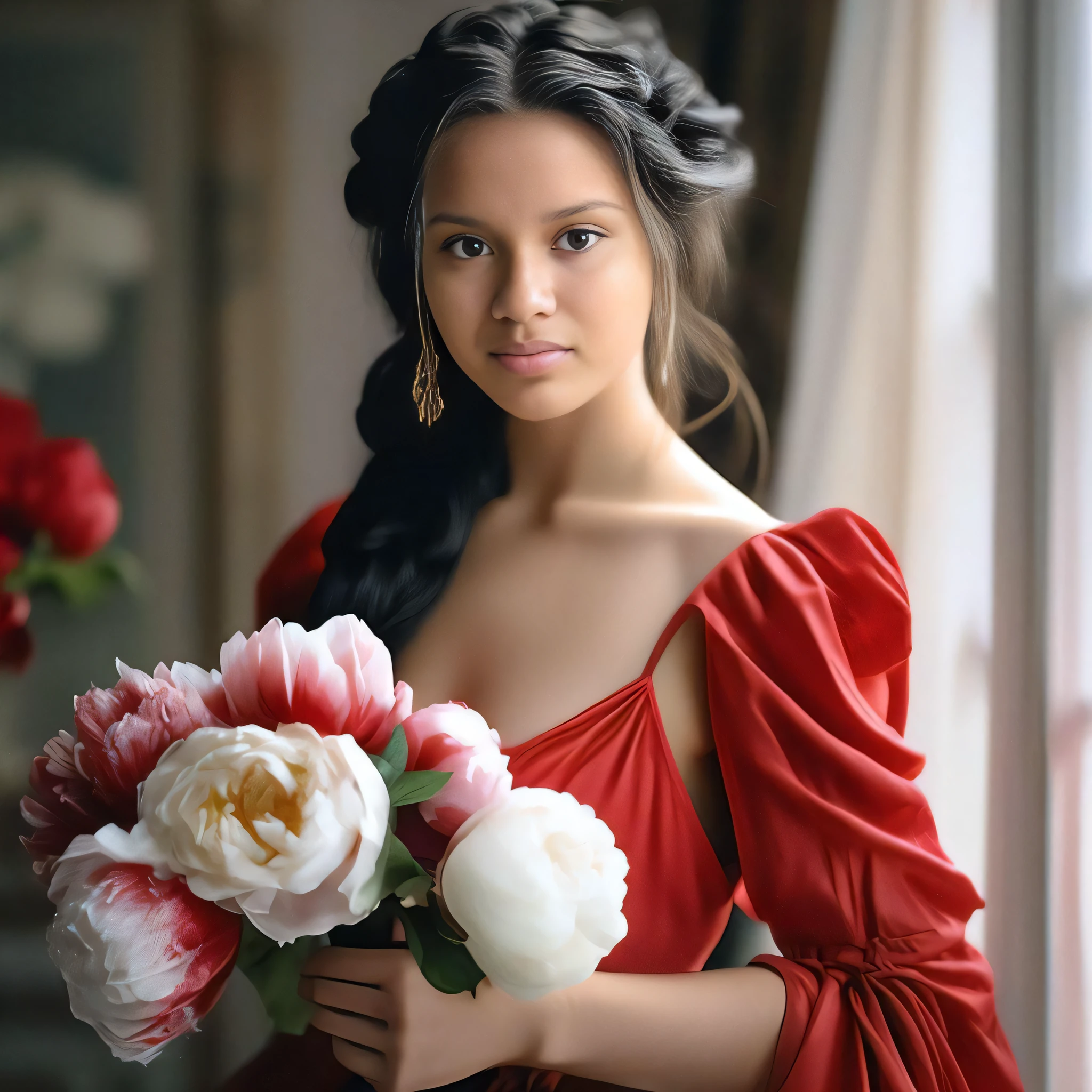 There is a woman in a red dress holding a bouquet of flowers, retrato do romantismo, mulher linda, retrato impressionante, lovely woman, inspirado em Konstantin Vasilyev, beautiful portrait, retrato elegante, lindo retrato, Beautiful woman, Uma bela jovem mulher, mulher muito bonita, linda mulher bonita, foto de uma mulher bonita, com flores, foto retrato bonito