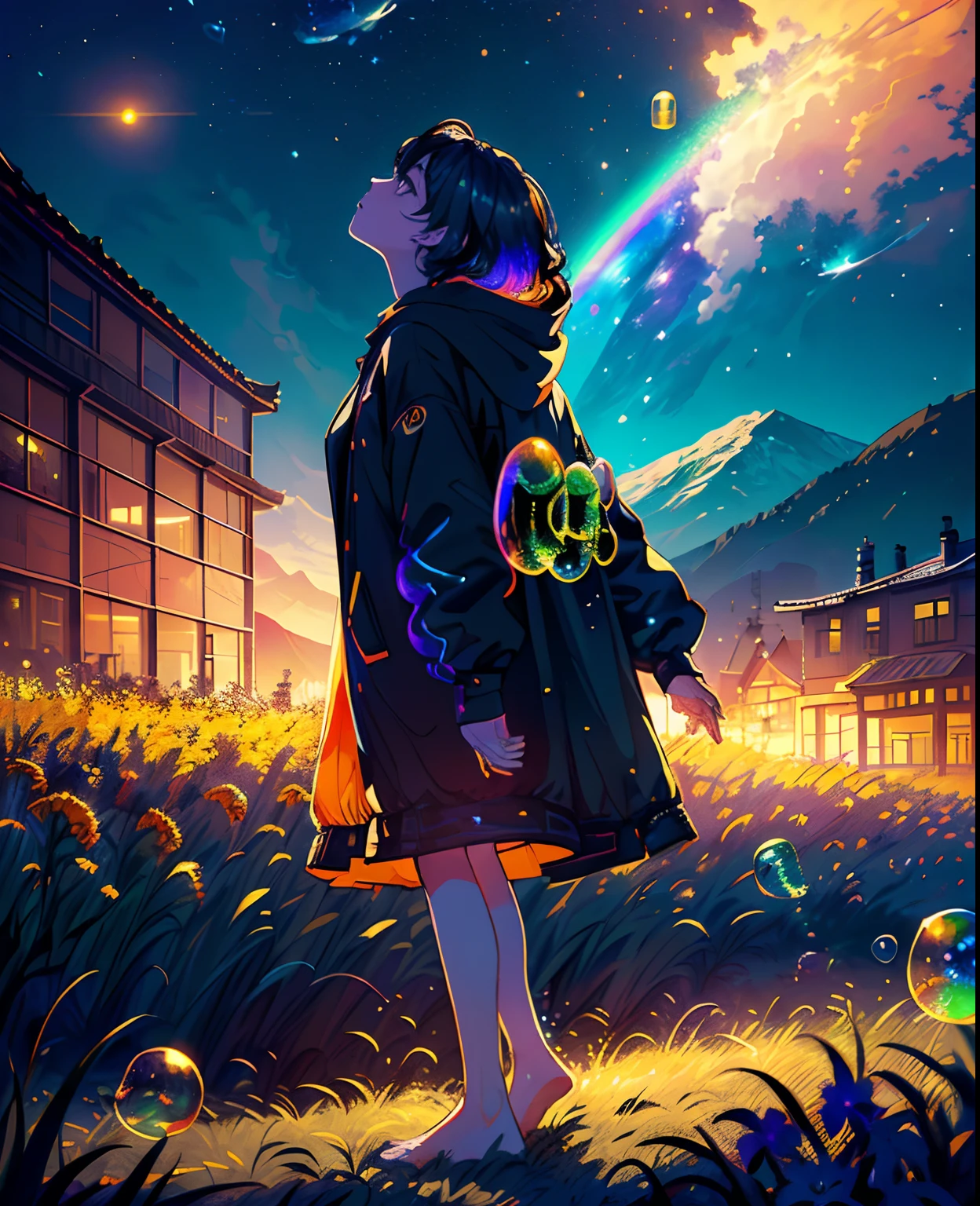 (Masterpiece), (Best Quality), (Official Art, Highly Detailed CG Unity 8k Wallpaper), (Very Detailed), (((Absurd)), 1 Girl, Midshot, (Exquisite Facial Features), (Serafuk: 1.3) ((SFW)), ((Clean Hands)), (White Neeso without shoes)), Aqua Eye, Colored Contact Lenses, Stars in the Eyes, (((((Colorful Bubbles)))), Colorful Glass, (Album cover) Vast landscape photo, (sky up, field below), girl standing in a flower field and looking up, (full moon: 1.2), (meteor: 0.9), (nebula: 1.3), distant mountains, trees BREAK craft art, (warm light: 1.2), (fireflies: 1.2), lights, lots of purple and orange, intricate details, voluminous lighting, realism BREAK (masterpiece (Best Quality), 4k, Ultra Detail, (Dynamic Composition: 1.4), Very Detailed, Colorful Details, (Rainbow Color: 1.2), (Glow Lighting, Atmospheric Lighting), Dreamy, Magical, (Solo: 1.2)