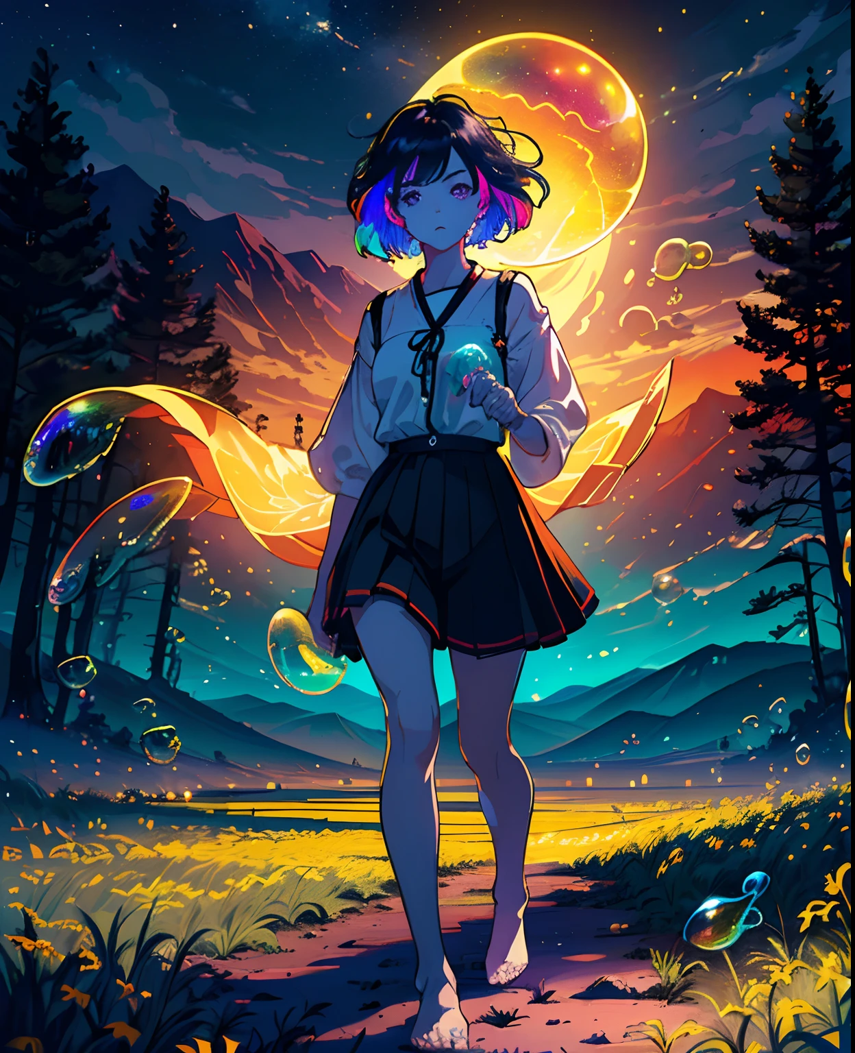 (Masterpiece), (Best Quality), (Official Art, Highly Detailed CG Unity 8k Wallpaper), (Very Detailed), (((Absurd)), 1 Girl, Midshot, (Exquisite Facial Features), (Serafuk: 1.3) ((SFW)), ((Clean Hands)), (White Neeso without shoes)), Aqua Eye, Colored Contact Lenses, Stars in the Eyes, (((((Colorful Bubbles)))), Colorful Glass, (Album cover) Vast landscape photo, (sky up, field below), girl standing in a flower field and looking up, (full moon: 1.2), (meteor: 0.9), (nebula: 1.3), distant mountains, trees BREAK craft art, (warm light: 1.2), (fireflies: 1.2), lights, lots of purple and orange, intricate details, voluminous lighting, realism BREAK (masterpiece (Best Quality), 4k, Ultra Detail, (Dynamic Composition: 1.4), Very Detailed, Colorful Details, (Rainbow Color: 1.2), (Glow Lighting, Atmospheric Lighting), Dreamy, Magical, (Solo: 1.2)