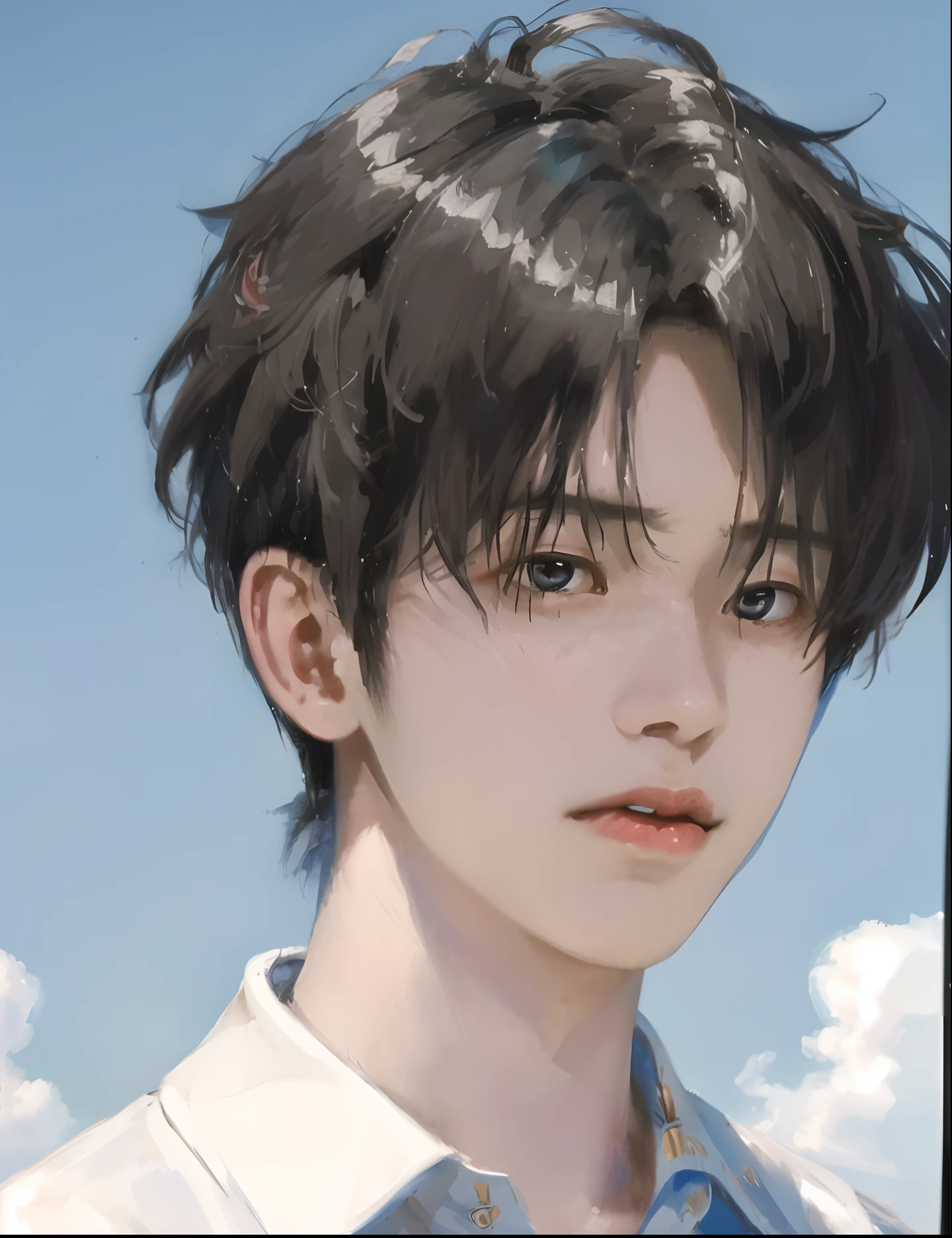 anime boy with black hair and blue shirt looking at camera, inspired by Yanjun Cheng, artwork in the style of guweiz, guweiz, inspired by Bian Shoumin, inspired by Zhang Han, by Yanjun Cheng, yanjun chengt, anime realism style, portrait a 1 5 - year - old boy, anime style portrait, lofi portrait