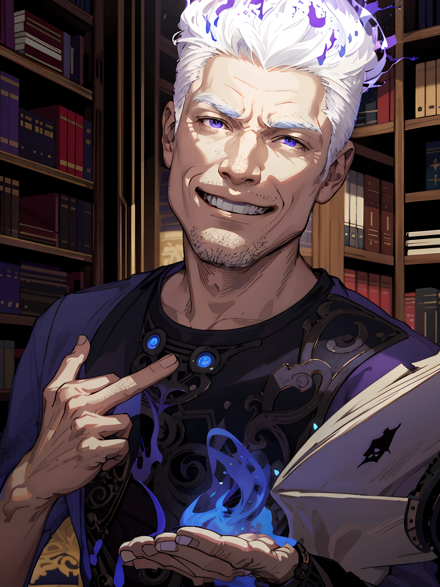 masterpiece, best quality, adult, tall muscular, handsome intricate details, white hair, (style-swirlmagic:1.0), looking down, upper body, detailed background, detailed face, (steampunk theme:1.1) evil sorcerer, color magical robes, determined expression, purple color scheme, summoning circle, bookshelves, glowing magical runes, dark atmosphere, shadows, realistic lighting, floating particles, sparks, surrounded by blue lightning red arcane symbols, corrupted by eldritch power, bloom, romantic, couple