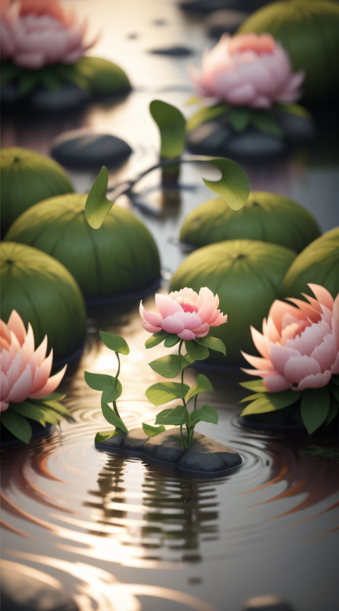 Peony flower monster in the stream,Virtual Engine 5,Perfect detail rendering,rendering by octane,hyper HD