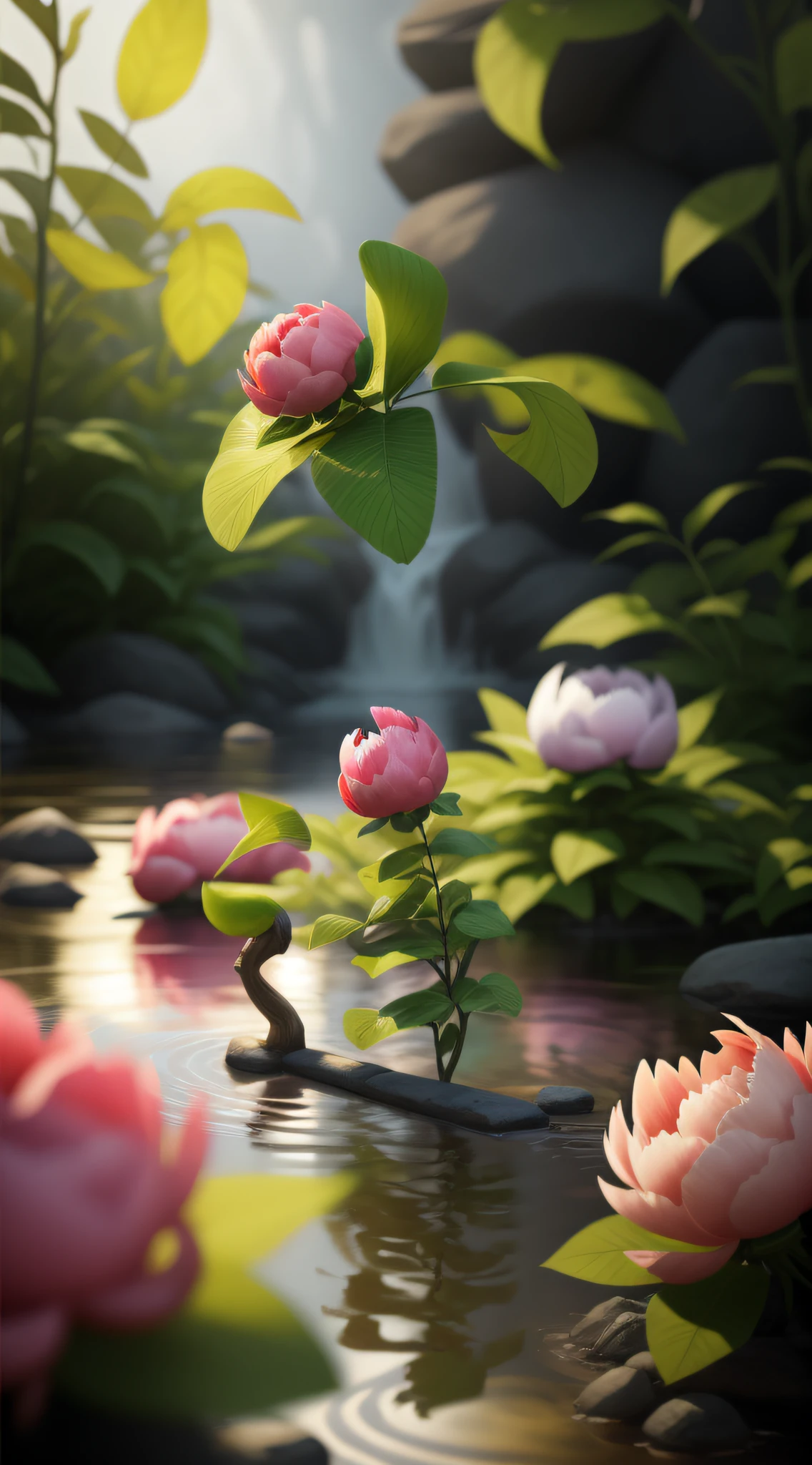 Peony flower monster in the stream，Virtual Engine 5，Perfect detail rendering，rendering by octane，hyper HD