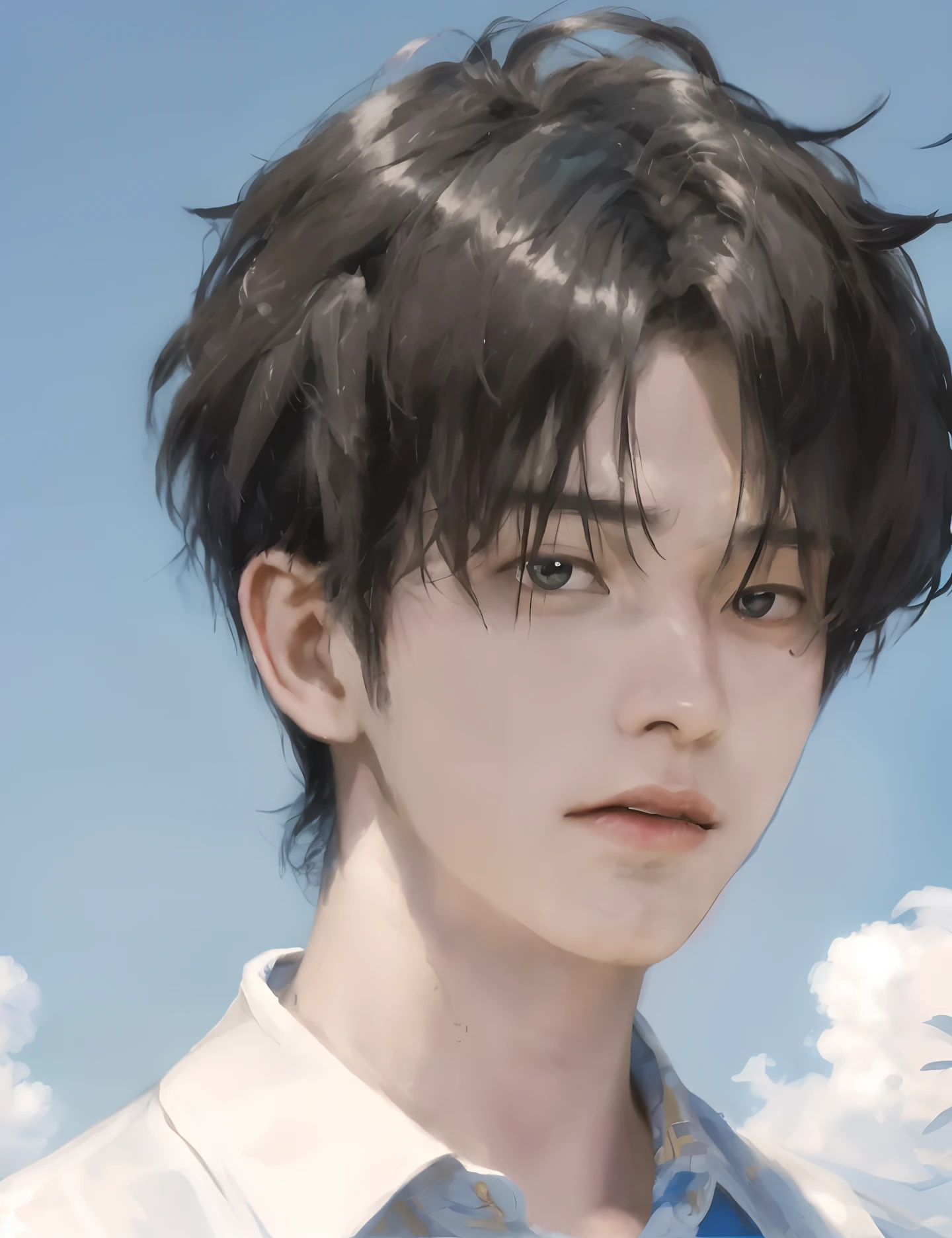 portrait of a man, handsome, (face:1.2), short hair, messy hair, wind, cloud, sunlight, cinematic light,