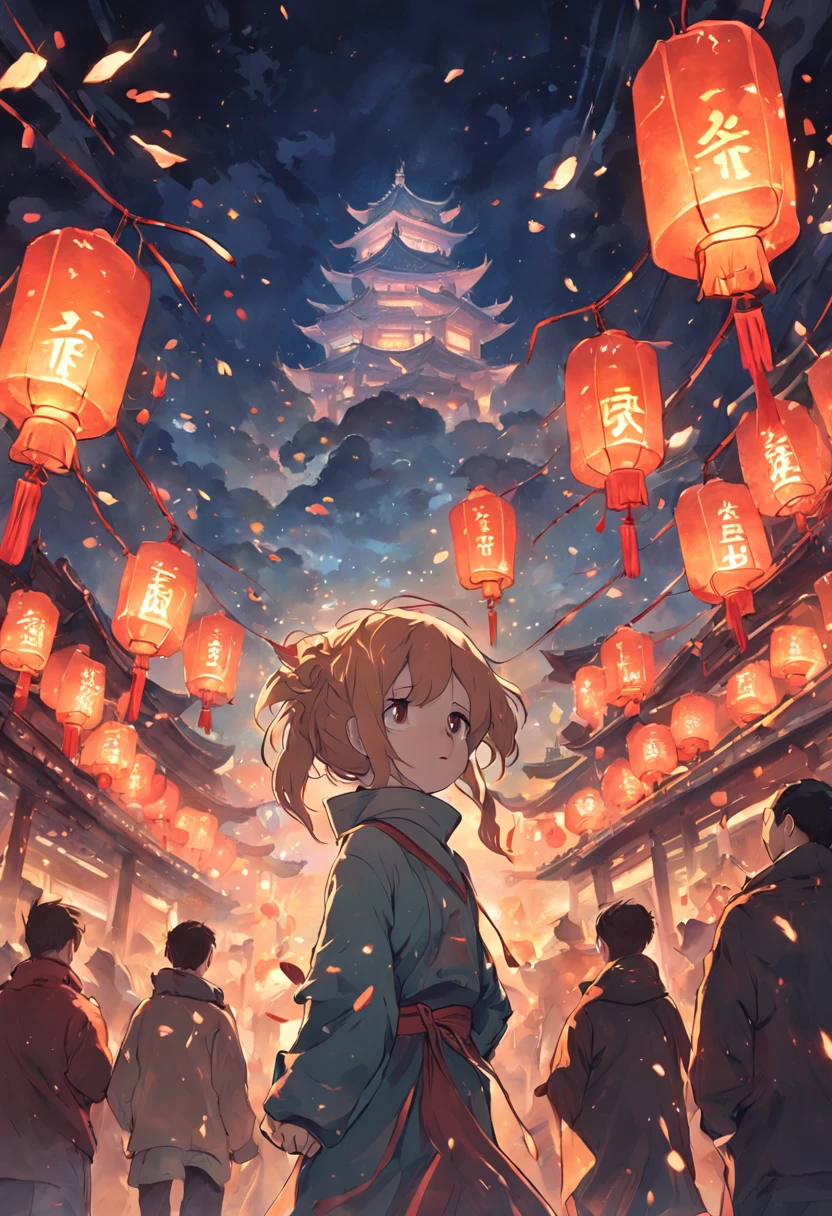 New Year，Chinese style city，nigh sky，Buddha image in the center，ornamented，Hanging Chinese lanterns，sparklers，with no people