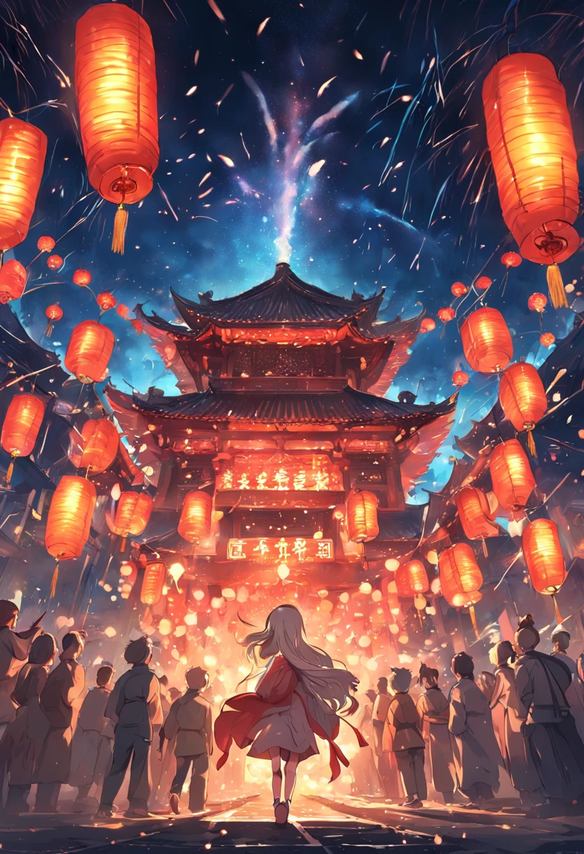 New Year,Chinese style city,nigh sky,Buddha image in the center,ornamented,Hanging Chinese lanterns,sparklers,with no people