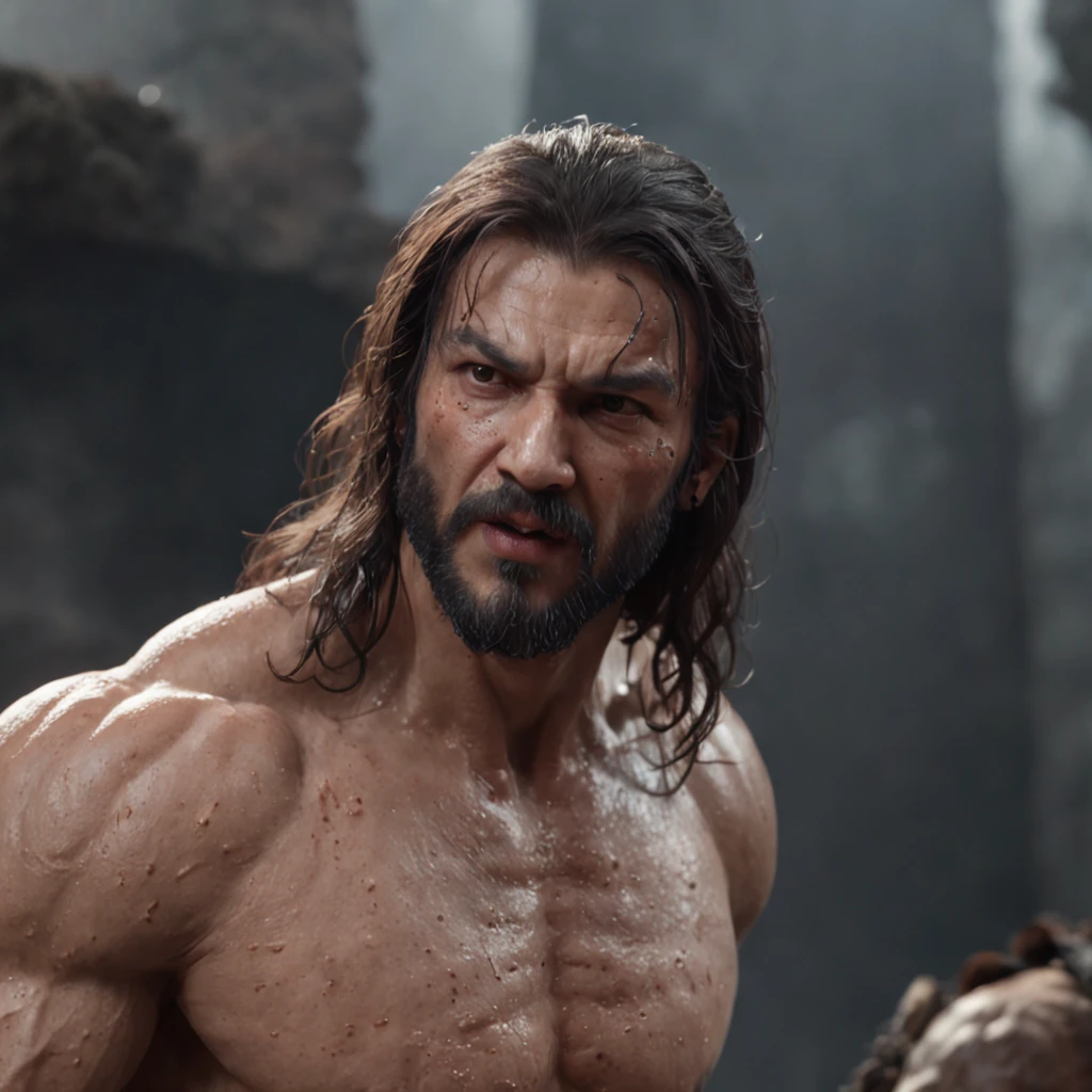 (professional 3d render:1.3) af (Realistic:1.3) most beautiful artwork photo in the world，Features soft and shiny male heroes, ((Epic hero fantasy muscle man rough wet hero angry looking long hair short beard and ferocious expression in dynamic pose, Fantastic location, Majestic cluttered environment)), Full body 8K unified rendering, action  shot, skin pore, very dark lighting, heavyshading, Detailed, Detailed face, (vibrant, photograph realistic, Realistic, Dramatic, Dark, Sharp focus, 8K), (Old leather garments damaged by weathering:1.4), ((((Wear fur)))), (Intricate:1.4), decadent, (Highly detailed:1.4), Digital painting, rendering by octane, art  stations, concept-art, smooth, Sharp focus, illustration, Art germ, (loish:0.23), wlop ilya kuvshinov, and greg rutkowski and alphonse mucha gracias, (Global illumination, Studio light, volumettic light), heavy rain, particles floating, lotr, fantasy, elf, full bodyesbian, ((Dark and ancient city background:1.3)),CGSesociety,art  stations