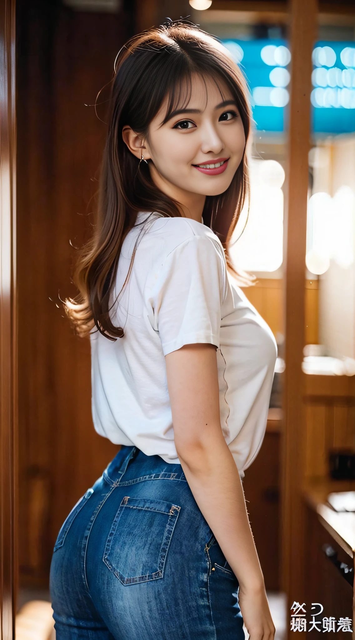 (8K、Raw photography、top-quality、masterpiece:1.2)、(realisitic、Photorealsitic:1.37)、ultra-detailliert、超A high resolution、1人、see the beholder、beautifull detailed face、A smile、Constriction、(Slim waist) :1.3)、t - shirt、Beautiful detailed skin、Skin Texture、floated hair、profetional lighting、Skinny Jeans、Peach butt、No logo