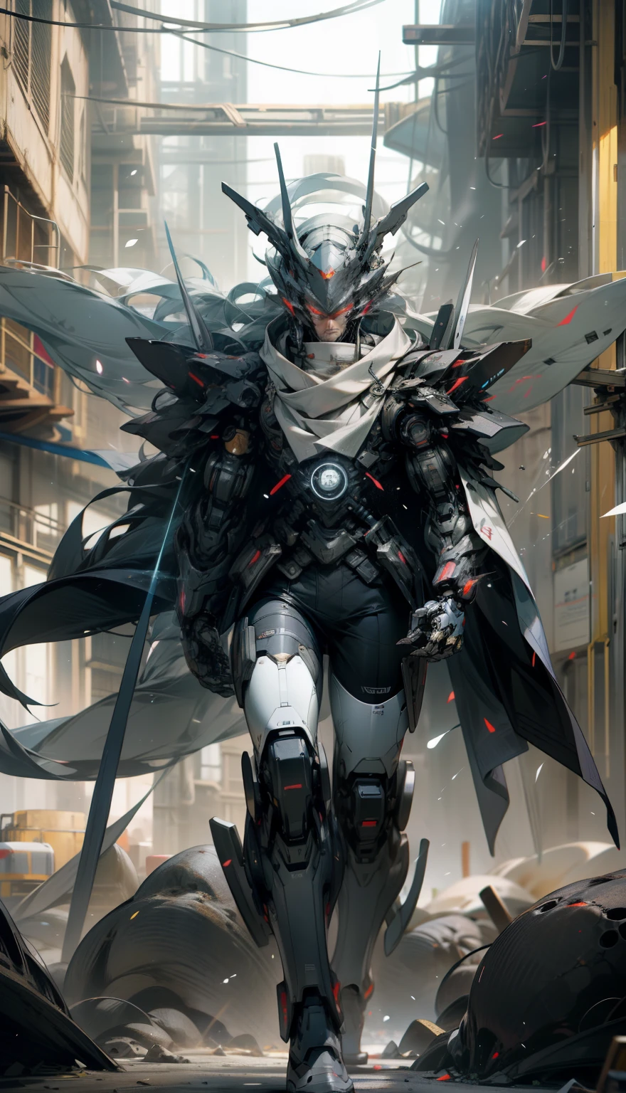 Tall mech,Silver-white body,Black and white,Use the plasma sword,There is a dragon particle effect,Yin and Yang gossip,Formation,mechanical sense,sense of strength,Sense of space,combats,cyber punk perssonage,Human body modification,Structurally sound,Battle instant,high-quality face,4K,High quality,Masterpieces,male people