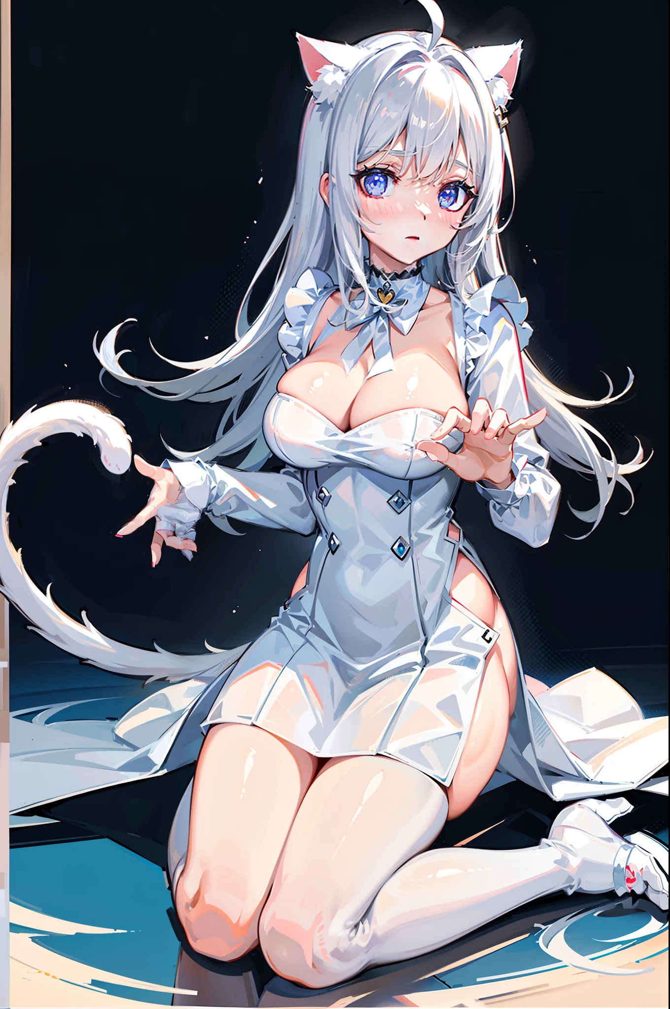 Blush, ((((White color blouse)))),  white long boots, (on top of the bed), Kneeling, D-cups, White hair, ahoge, Heart-shaped pupils, blue color eyes, (((((cat ear))))), is shy，White gloves， torogao, Reflectors, Yandere, anime big breast, Chiaroscuro, Ray tracing, shadowing, hyper HD, Masterpiece, Accurate, Anatomically correct, Textured skin, Super detail, High details, High quality, Award-Awarded, Best quality, A high resolution, 16k，(There is love around you)，((((Tempting))))，((Get wet，semi transparent))，no extra limbs，((a white choker))，(((Grasp the breasts with both hands，Pornographic)))，(((a cat tail)))，the maid outfit，adolable，Milky white liquid