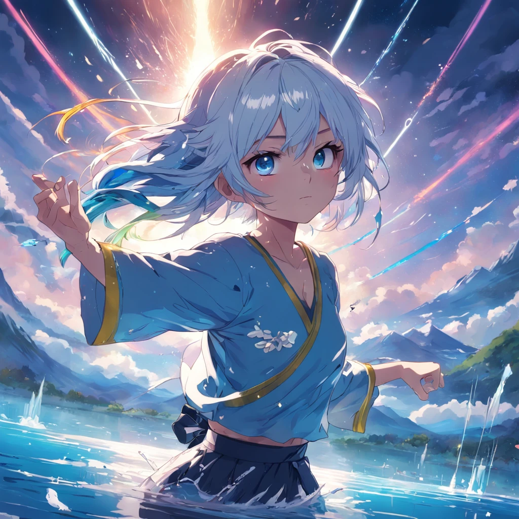 masterpiece, best quality, movie still, 1girl, katana in hand, fight scene, vivid blue glittered eyes, glazed skin,white messy hair, floating hair, standing in the lake, shooting star, makoto shinkai style, rossdraws stlye, hair jewellery, stairs, monsters, rainbow lake, vivid colors,petals