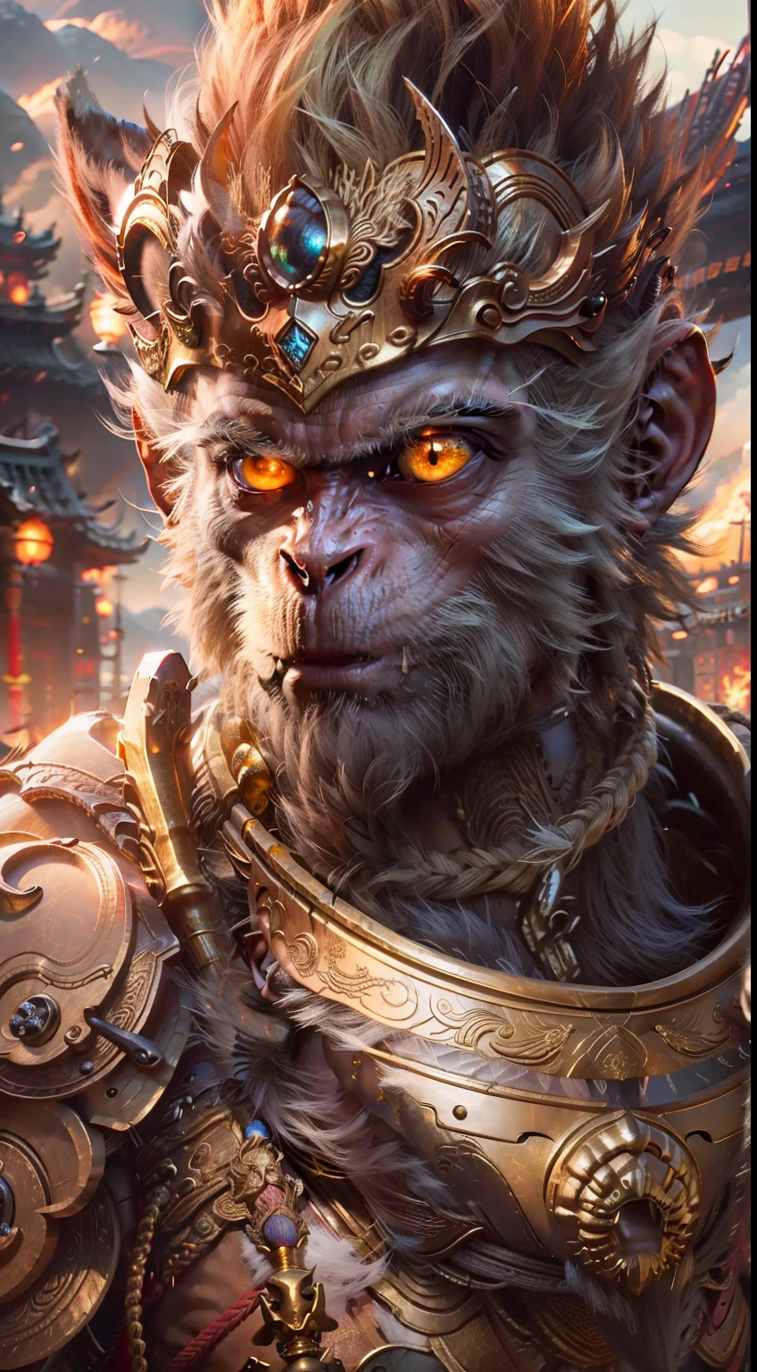 high high quality，Best quality at best，Realiy，Super realistic，super detailing,tmasterpiece，A high resolution，8K，Very realistic，Epic fantasy art style HD,dark fantasy art style, Anthropomorphic Xiuxian male monkey man，Golden-scaled armor, Flame armor，Fire-eyed golden eyes Bright and brave，A close-up of a male monkey man holding a Golden Cudgel and anthropomorphism, Oriental ancient armor, 火焰, Golden Cudgel，Clouds of flame under your feet,Epic fantasy digital art style, monkey king,monkey king, 火焰,Perched on the top of the ancient city of the East, Monkey King investigates the sprawling Forbidden City below. Golden Cudgel,Golden Cudgel and retractable technological weapons shined. In a striking pose, He seems ready to act, Ancient legends,journey to the west人物, Excellent location，Views of the earth, (Vibrant golden glow:1.5), (Digital painting:1.25), (4K:1.2). environment: panoramic view of a city，