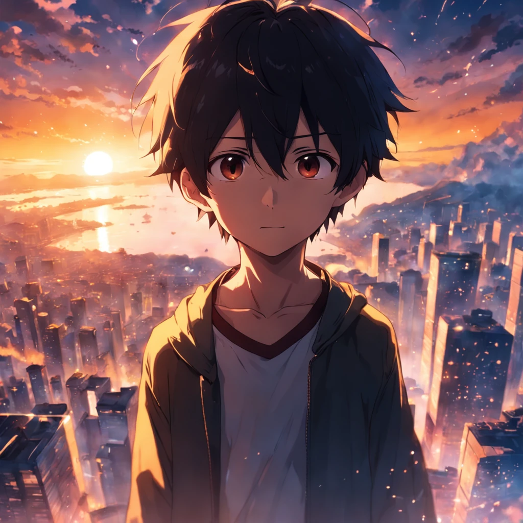 obra-prima, melhor qualidade, filme ainda, 1boy, boy city, floating into the sky, close-up, brilhante, feliz, Soft lighting and Warm, sun sunset, (Sparks: 0,7)