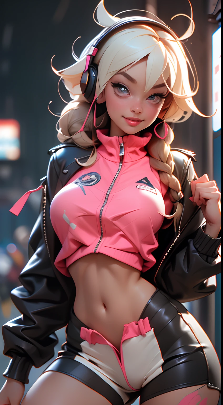 (Best Quality), (Masterpiece), (Realistic) and Super Detailed Photos Cute 1 nerd girl wearing futuristic neon headphones, she has a (fluffy white dirty braided hairstyle), wearing a leather (unbuttoned) pink racing jacket bare on top, leather tight shorts that exude ((beautiful and beautiful)) vibe, ((huge open erect breasts)), (erect  slippery), open chest, open belly, sexy figure, delicate pupils and iris of the eyes, long eyelashes, Embarrassed and smiling,