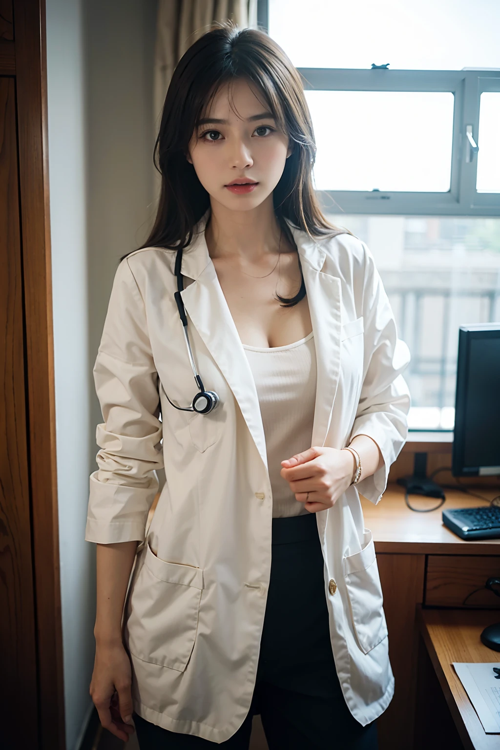 A female doctor，Wear a doctor's uniform，realisticlying，dynamic lights，Brush cut，Thin stature，cleavage，full shoot，（非常详细的 CG 统一 8k 壁纸），high detal，tack sharp focus，dramatic，eye bags，eyeslashes，Photoreality