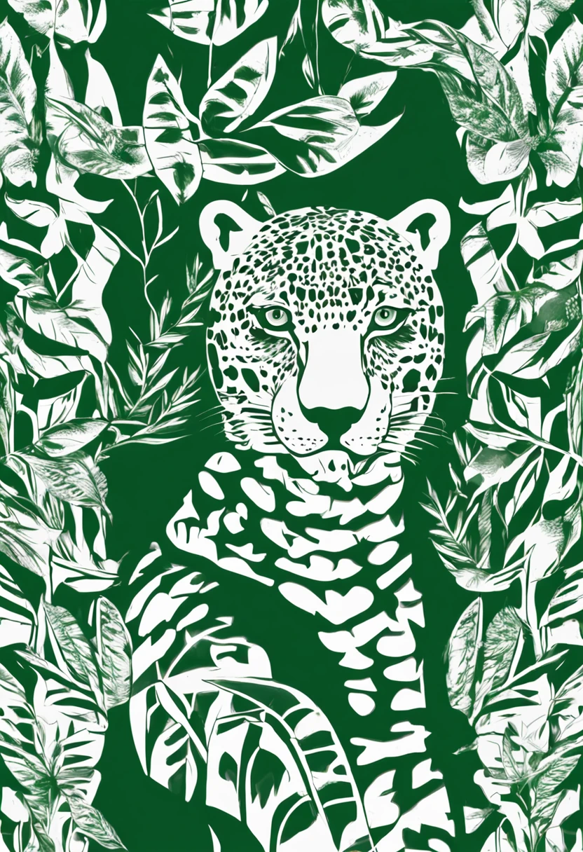 Create an image of a green jaguar with a single white background pattern, para fazer um logo, where the small spots are replaced by small marijuana leaves.
