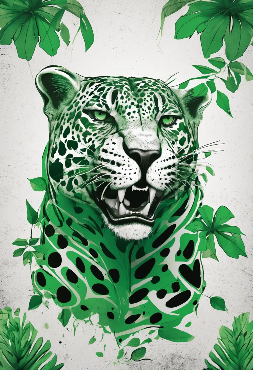 Create an image of a green jaguar with a single white background pattern, para fazer um logo, where the small spots are replaced by small marijuana leaves.