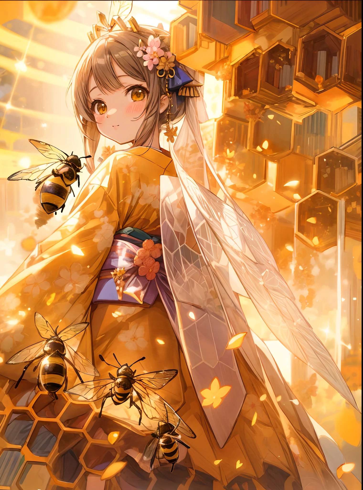 anime girl in a kimono dress with honeycombs and bees, fantasy beekeeper, pixiv contest winner, human structure bee concept art, trending on artstation pixiv, anime visual of a cute girl, beautiful anime artwork, kawacy, among golden fireflies, clean detailed anime art, anime fantasy illustration, a beautiful artwork illustration, official art