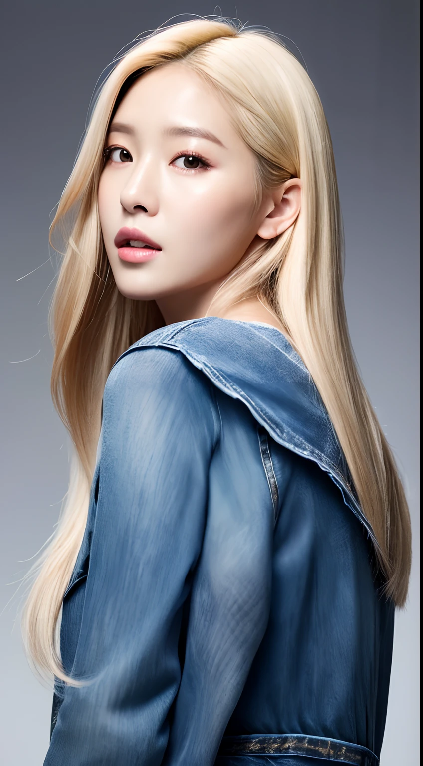 ((Realistic lighting、top-quality、8K、masterpiece:1.3))、Clear focus:1.2、1girl in、flawless beauty:1.4、slim((blonde hair))、Neat and clean clothing、One-piece clothes、Superfine Face、Narrow-eyed、二重まぶた、lighting like a movie、photos realistic、28 year old、Straight hair、Face like a K-pop idol、white backgrounid、Gray background、Mature woman