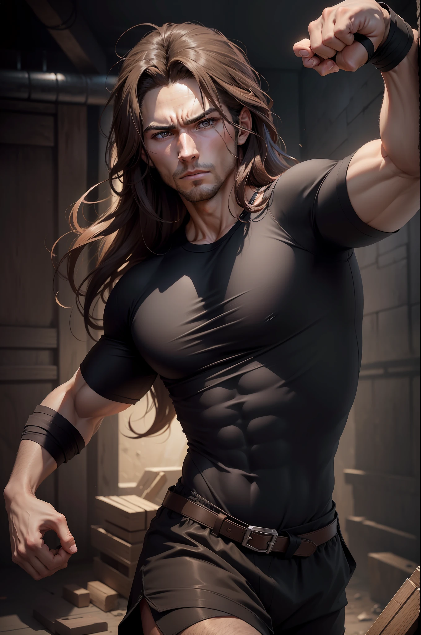 best quality,4k,8k,highres,masterpiece:1.2),ultra-detailed, extremely detailed eyes, extremely detailed body, (large masterpiece digital art), (detailed manga illustration), (detailed line art), ((perfect anatomy)), (intricate details:1.3), (ultra-detailed:1.3), (illustration:1.3), (sharp focus:1.3), (natural lighting:1.05), (vivid colors:1.3), (masterpiece), (best quality:1.4), (perfect anatomy:1.4), high quality, expressive eyes, full body, detailed face, beautiful face, perfect face, 1boy, angry, ((male focus)), muscular, detailed messy hair, long hair, brown hair, green eyes, glowing eyes, ripped clothing, barefoot, cinematic lighting, dramatic atmosphere, Atey Ghailan, Jeremy Mann, Greg Manchess, Antonio Moro, trend in ArtStation, trend in CGSociety, Intricate, High Detail, Sharp focus, dramatic and photorealistic painting art by Midjourney and Greg Rutkowski, Jeff Bridges, ((cartoon style)), Marvel Cinematic Universe style, (((ruined city in the background))),