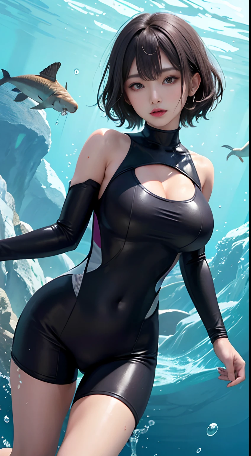 独奏、abyssal、the reef、diving、wet suit、fin、Weightlessness、((top-quality、8k、masterpiece:1.3))、1人の女性、Long、underwater photo、Underwater perspective、underwater perspective、Floating in water、breaststroke、cleavage of the breast、Highly detailed facial and skin texture、 A detailed eye、二重まぶた、skin tanned、sexy for、sunburned、Dark skin、sun burned body、exposed shoulder、cleavage of the breast