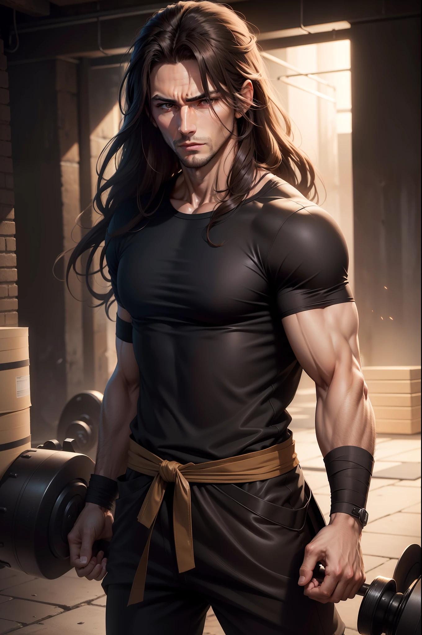 8k realistic image of handsome man, 25 years old, long brown hair, brown eyes, pained expression, dressed in simple black casual shirt, bandages wrapped around his arms, attacking with a frontal punch, large underground dungeon, looking towards the your attack, anime style artwork