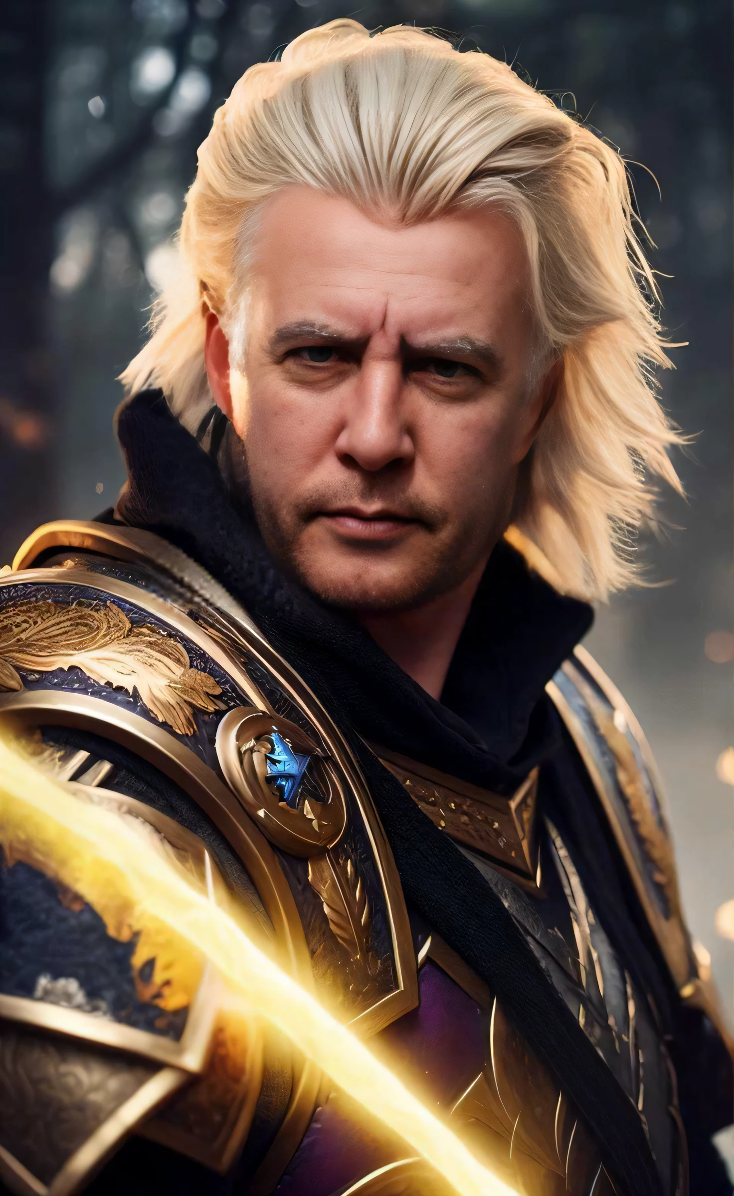 um close up de um homem com cabelos loiros e uma espada, de warcraft, de World of Warcraft, Henry Cavill como Arthas Menethil, Arthas Menethil, Boris Johnson como Dr.. estranho, personagem warcraft, Macho loiro elfo ranger, Boris Johnson como Thor, Arsen Lupin como um paladino, Christopher Walken Super Saiyajin