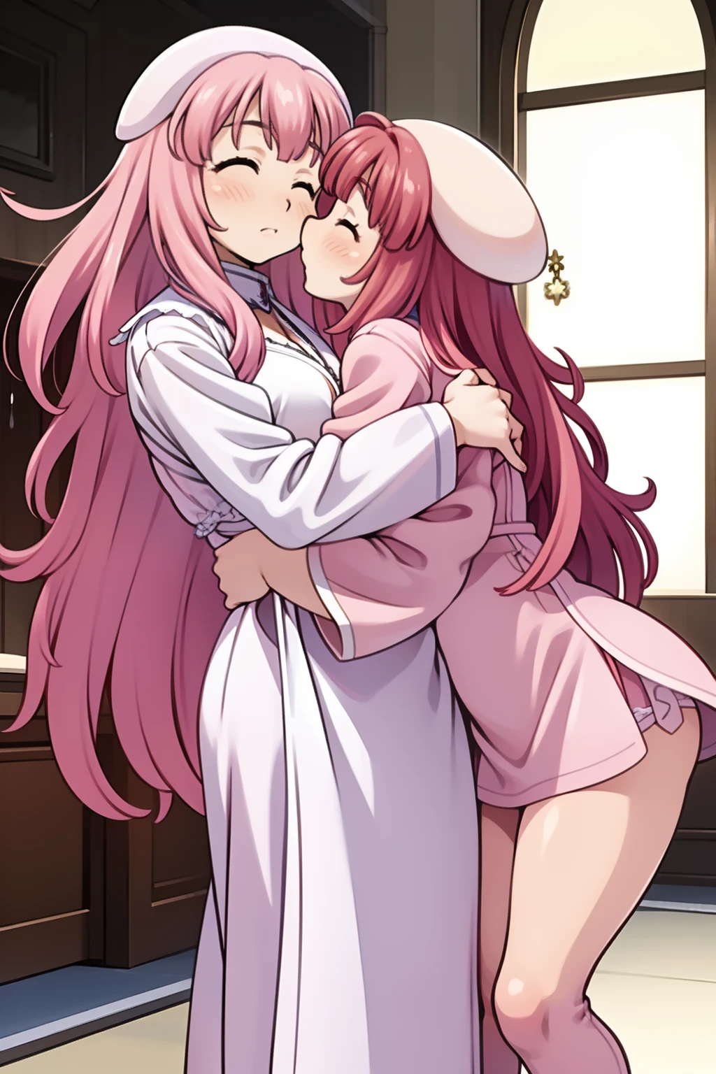 2girls，girl1：adolable，A pink-haired，Long whit hair，white stockings，robe blanche，Girl 2：adolable，A pink-haired，Long whit hair，white stockings，robe blanche。Kisses and hugs