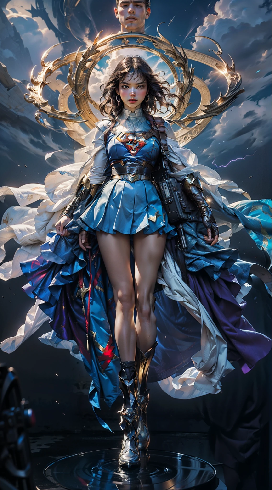 (maximum resolution: 1.2), (Ultra HDTV: 1.2), 8K resolution, Eye and skin detail, detailed facial features, , ( Sharp focus: 1, 2), (Precise focus) facial expression: 1,2), Girl standing , (Supergirl shirt), (long hair), Black hair , Sky, Light, Superman, Supergirl cosplay