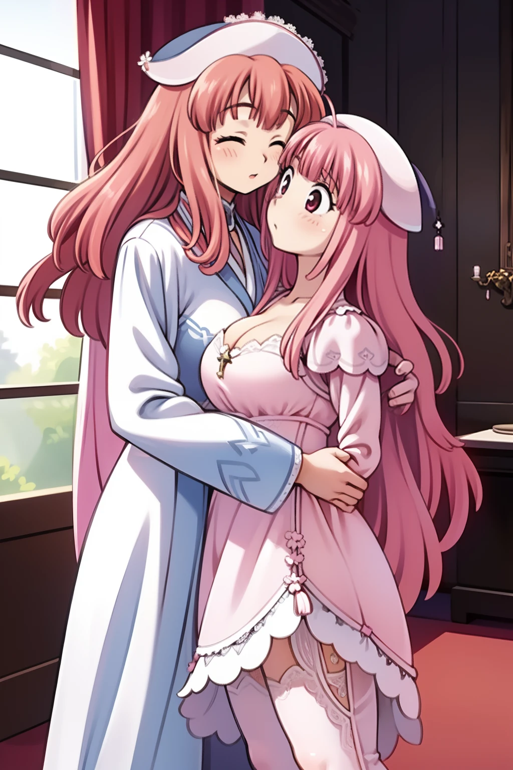 2girls，girl1：adolable，A pink-haired，Long whit hair，white stockings，robe blanche，Girl 2：adolable，A pink-haired，Long whit hair，white stockings，robe blanche。Kisses and hugs