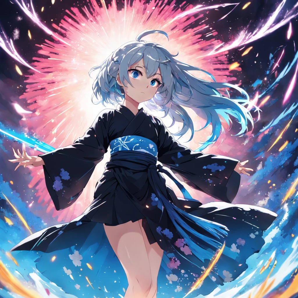 masterpiece, best quality, movie still, adult woman, black kimono, katana in hand, fight scene, vivid blue glittered eyes, glazed skin,white messy hair, floating hair, standing in the flowers field, shooting star, makoto shinkai style, rossdraws stlye, hair jewellery, stairs, monsters, rainbow lake, vivid colors,petals