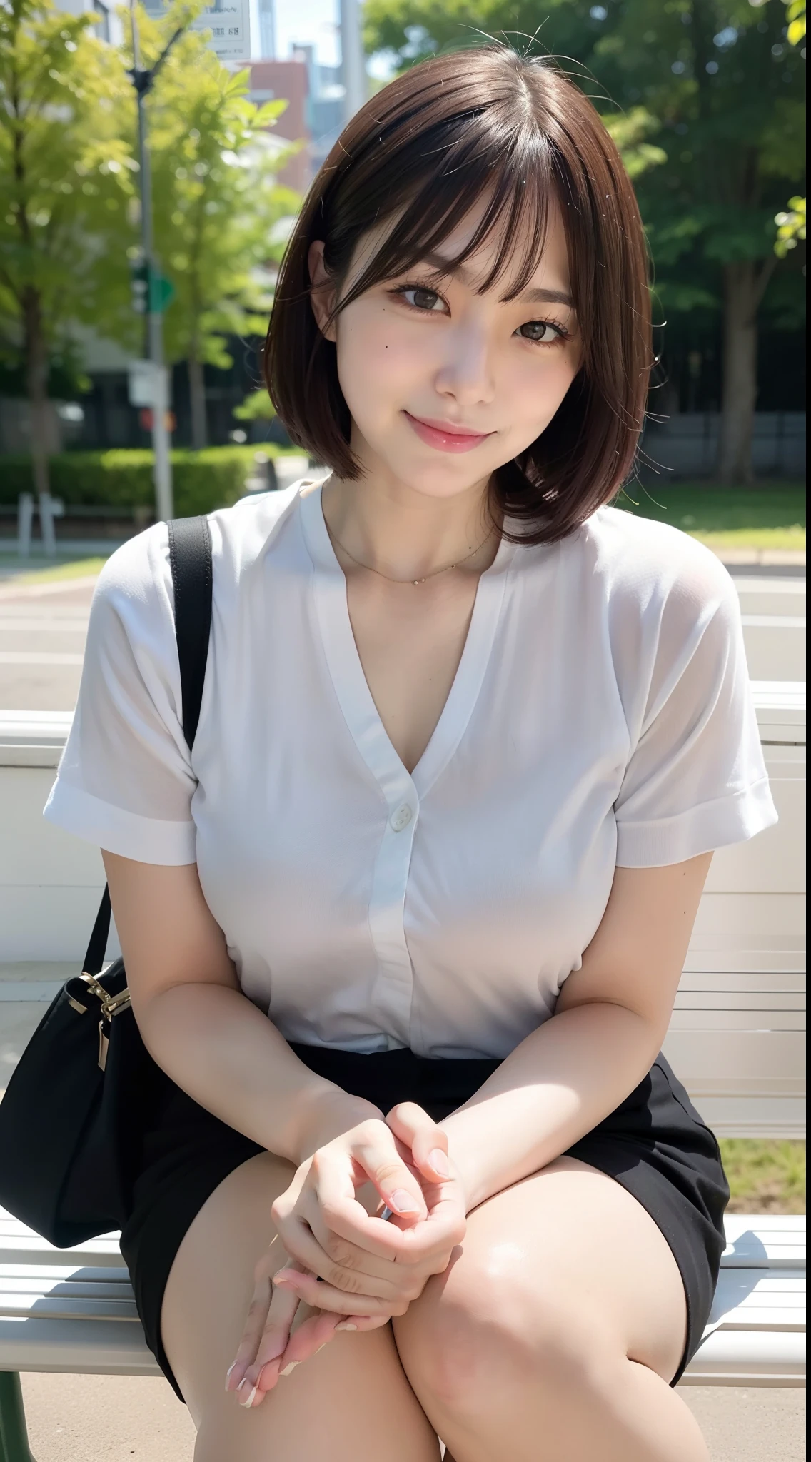 {{8K picture quality:2}}、{{An ultra-high picture quality:2}}、{{Ultra-realistic}}、{{超A high resolution}}、photos realistic、{{A Japanese Lady}}、NSFW、(shinny skin)、{{1femele}}、{{Solo}}、Sitting on a park bench、one leg slightly forward、Sit with your back to the backrest、View from the left、Face facing forward、POV image、a smile、with blush cheeks、Tilt your head slightly、Right hand above knee、Extend your left hand with your palm facing up、Light gray business suit、Beige stockings、Black Low Heel Pumps、Park with bright sunshine、Brown short bob、Perfect Photo