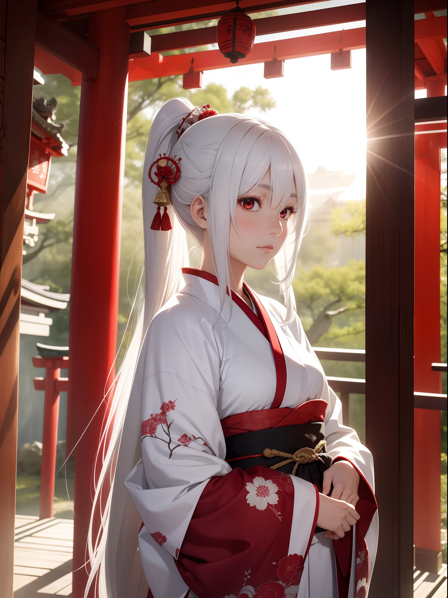 Silvery-white hair,Red eyes,Japanese kimono,jpn,Heian period,Shrine background,Contre-Jour,Cinematic texture,Light and shadow changes,Pull half of your body closer