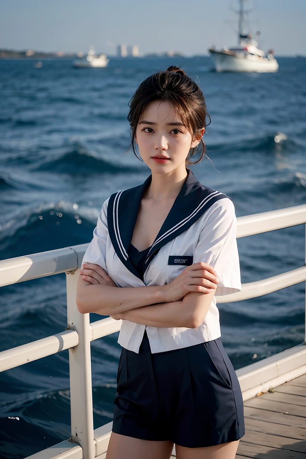 A female seafarer，a sailor suit，realisticlying，dynamic lights，Brush cut，Thin stature，cleavage，full shoot，（非常详细的 CG 统一 8k 壁纸），high detal，tack sharp focus，dramatic，eye bags，eyeslashes，Photoreality