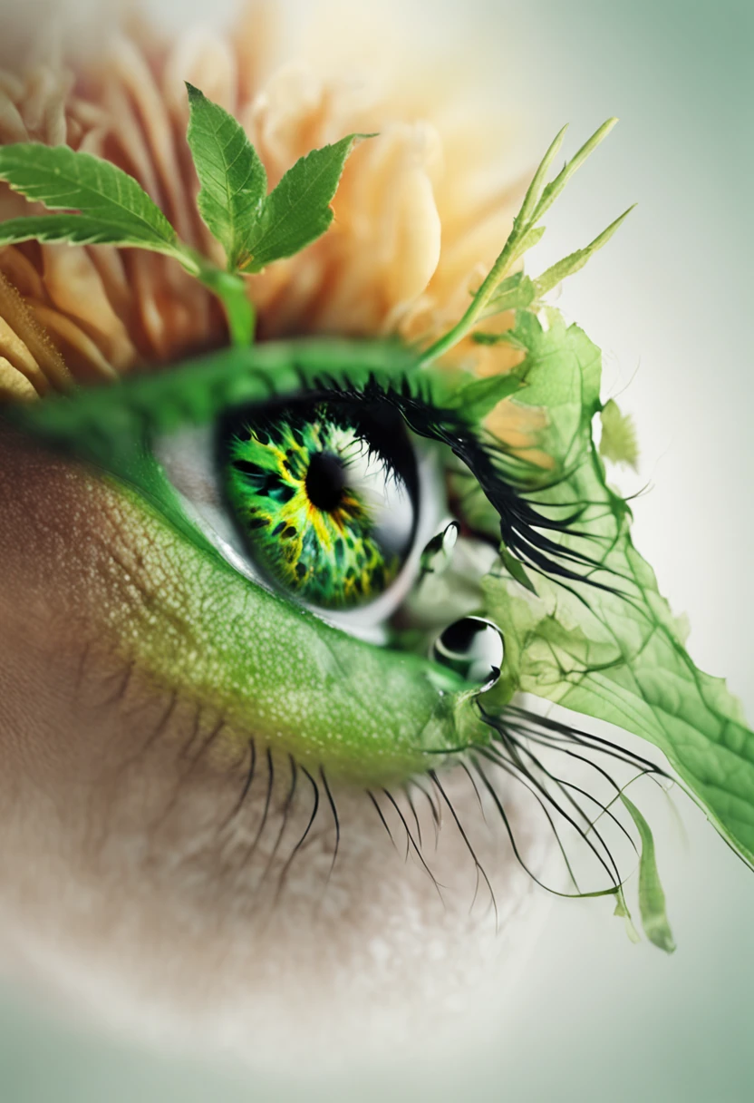 Create an image of a jaguar with the green eye, where the small spots are replaced by small ????????? leaves and inside the eye has a marijuana leaf