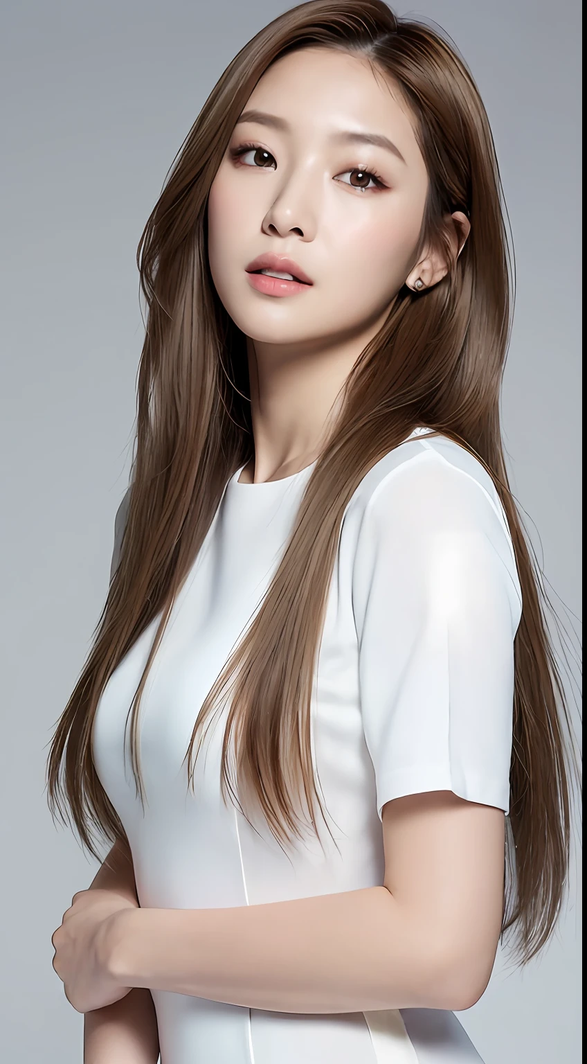 ((Realistic lighting、top-quality、8K、​masterpiece:1.3))、Clear focus:1.2、1girl in、flawless beauty:1.4、slim((blonde  hair))、Neat and clean clothing、One-piece clothes、Superfine Face、Narrow-eyed、二重まぶた、lighting like a movie、photos realistic、28 year old、Straight hair、Face like a K-pop idol、white backgrounid、Gray background、Mature Woman、Classy makeup