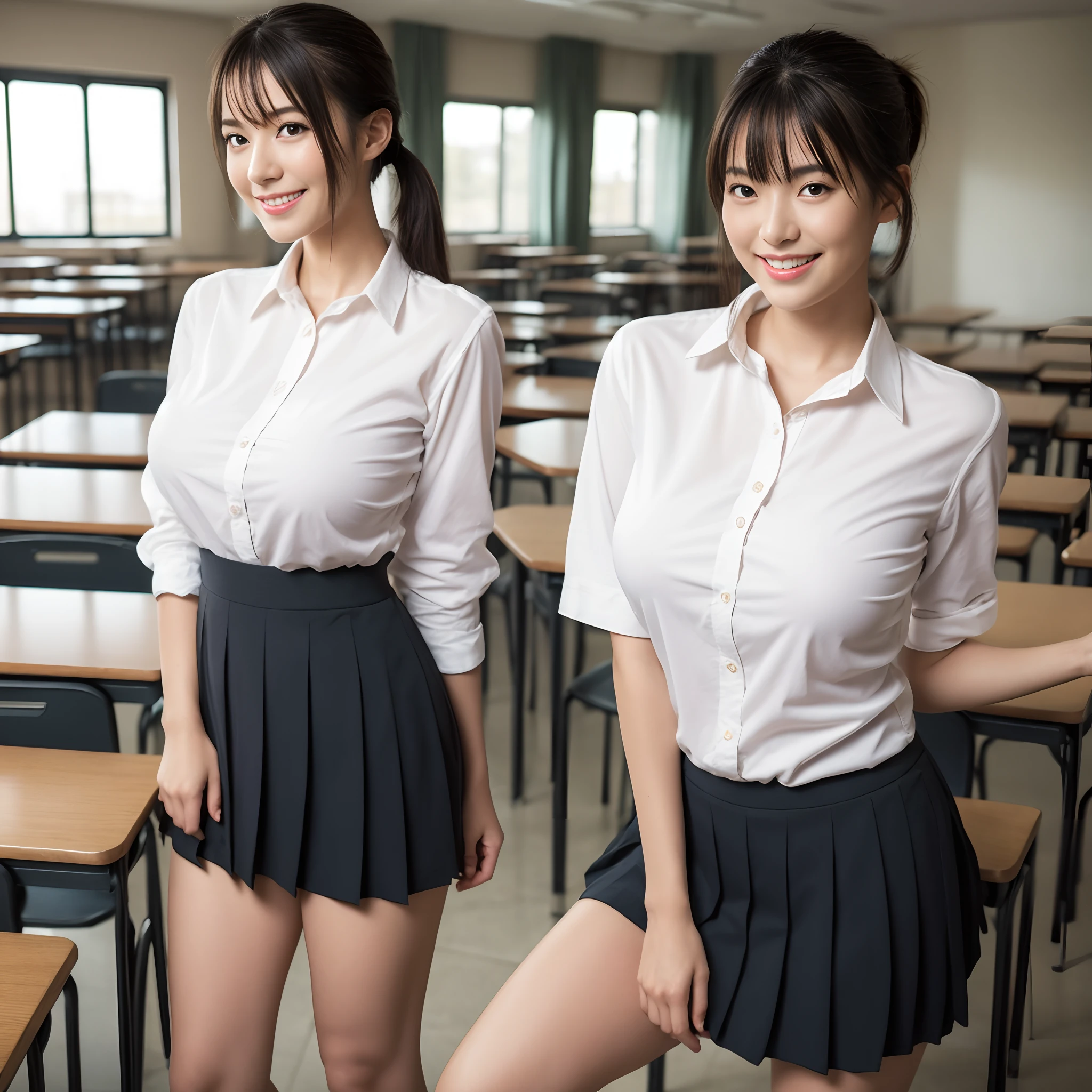 full body, big breasts, wide hip, cute, skirt lift:1.5, class room, 
(masterpiece:1.4), best quality, ultra high res, (photo realistic:1.4), detailed beautiful face, octane render, (hyperrealistic:1.2), school uniform, happy, smile, blush, white shirt, deep skin, cameltoe,  wedgie, no bura, nipples, white panties, pony tail,