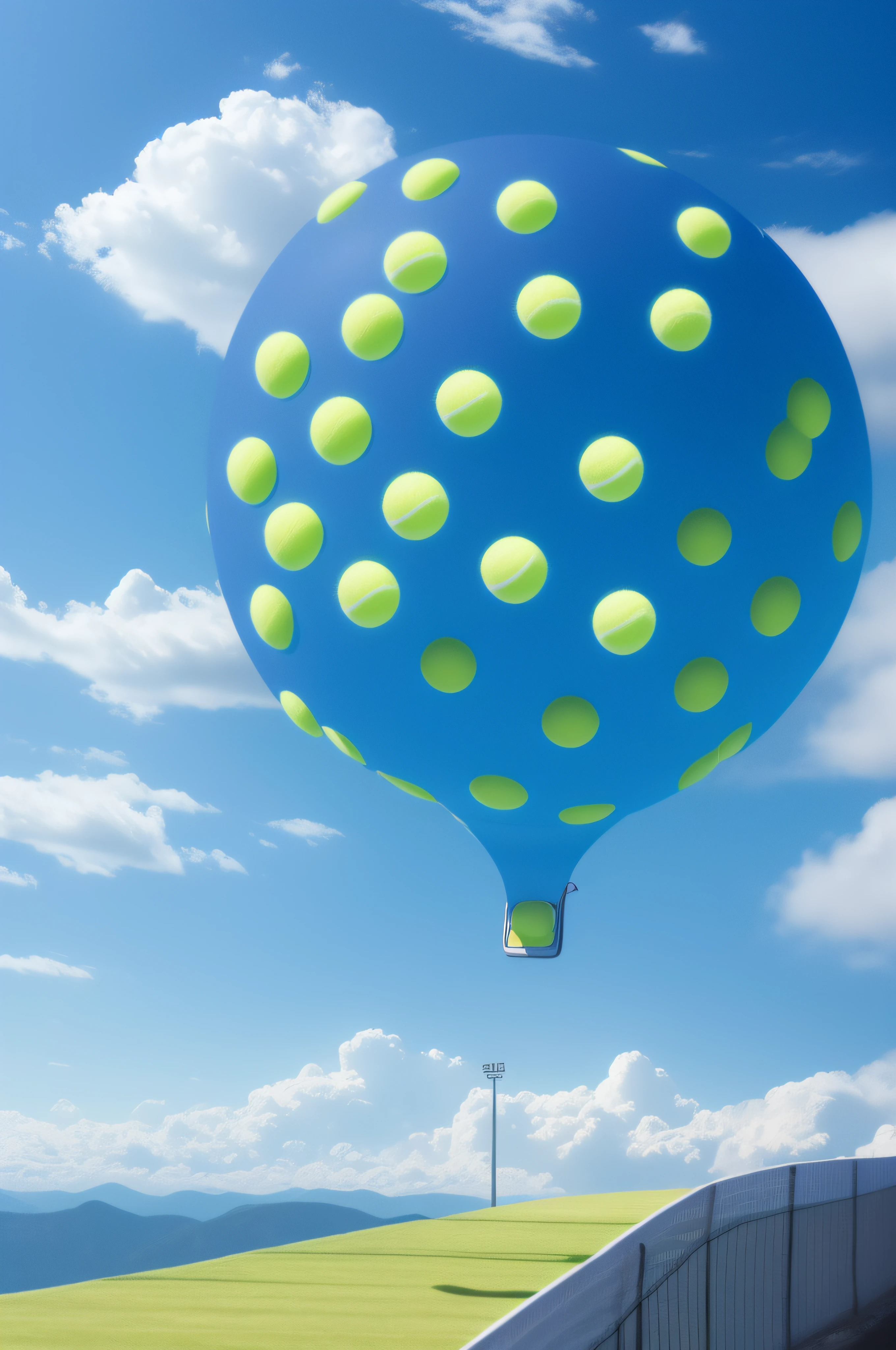 A million tennis balls fell from the sky,scenario,Surreal,k hd,Hyper-realistic,Photorealistic,intensive,Blue sky,Fill the dense picture, icon,afloat,mid air,fly