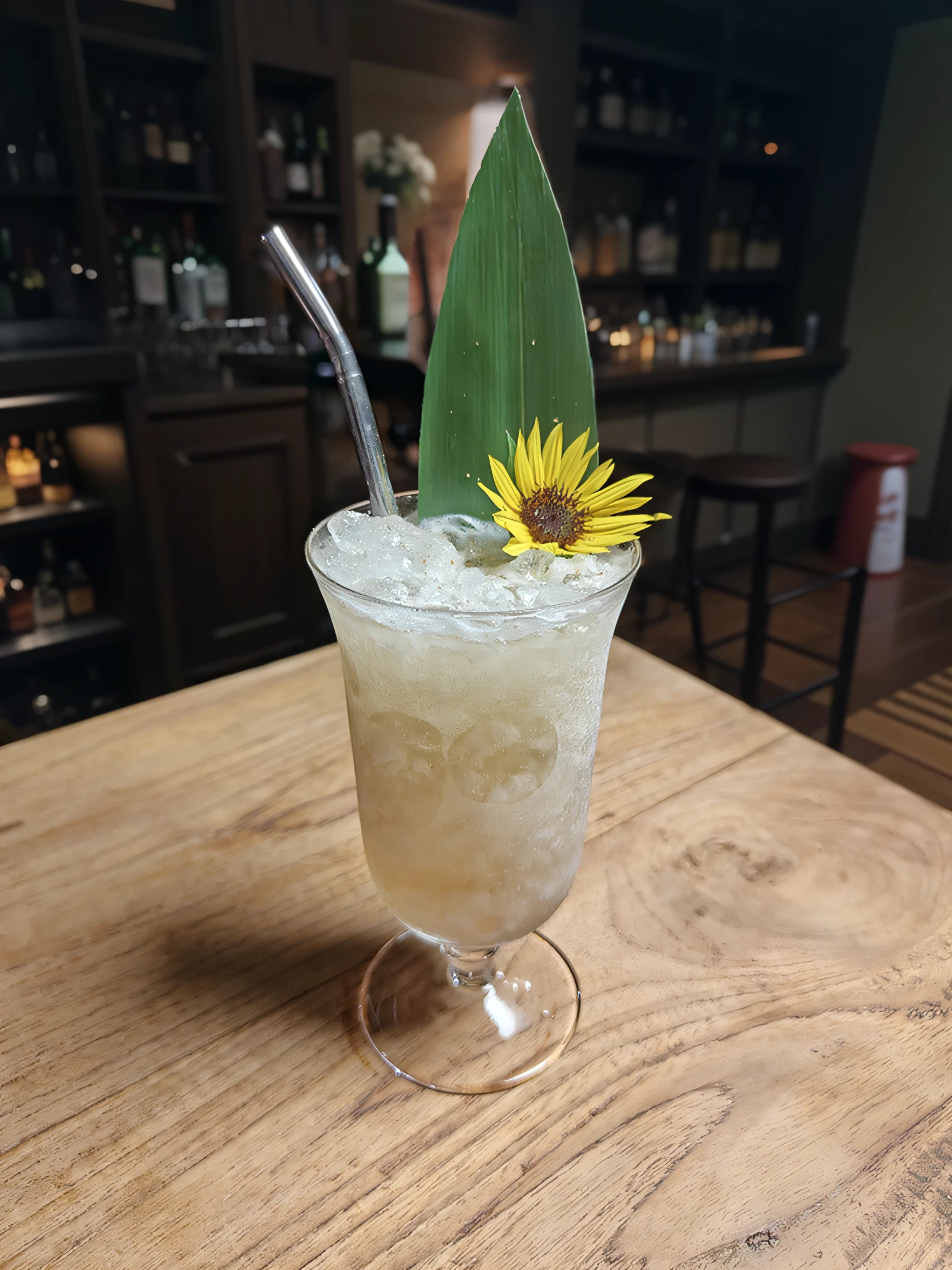 In the background is a dimly lit cocktail bar