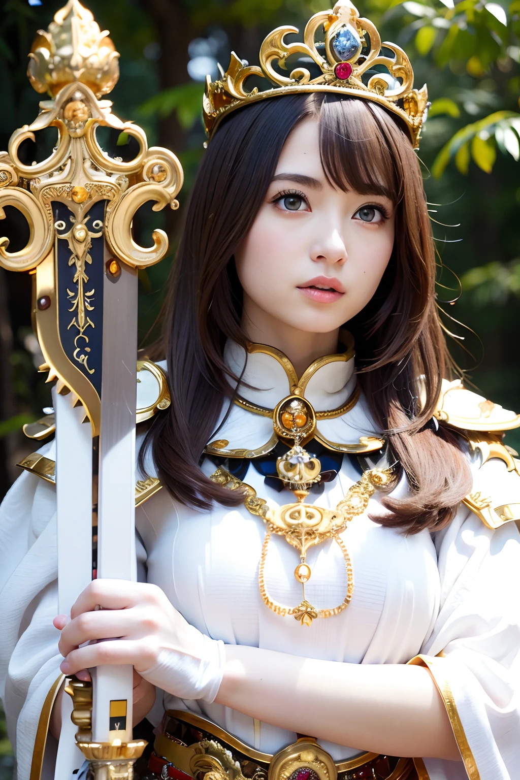 (masutepiece), Professional , masterpiece、top-quality、photos realistic , depth of fields (Gemstone Silver Metal Body:1.9),(Matte White、 Gold Weapon_(Metal:1.4),Gorgeous metal weapons , Detailed Sword of the Brave , Beautiful knife ,warhammer 40k , adepta sororitas,Detail and ornate jewel crown、Brown hair、Gangle's forest background、Beautiful Caucasian beauty、1a person、dynamic ungle,(((Detailed and ornate diamond crown)))、Particles of light、