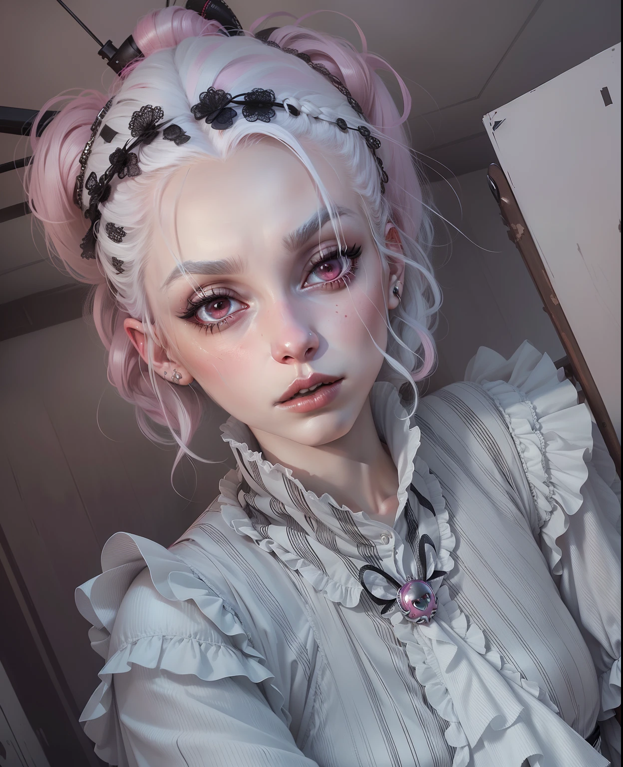 A very realistic and highly detailed depiction of a twenty-three years old tall clown girl like harley quinn with soft pink and white hair, adorned in a sleek black attire, showcasing an intense and sinister expression, situated in the midst of a dimly lit forest.