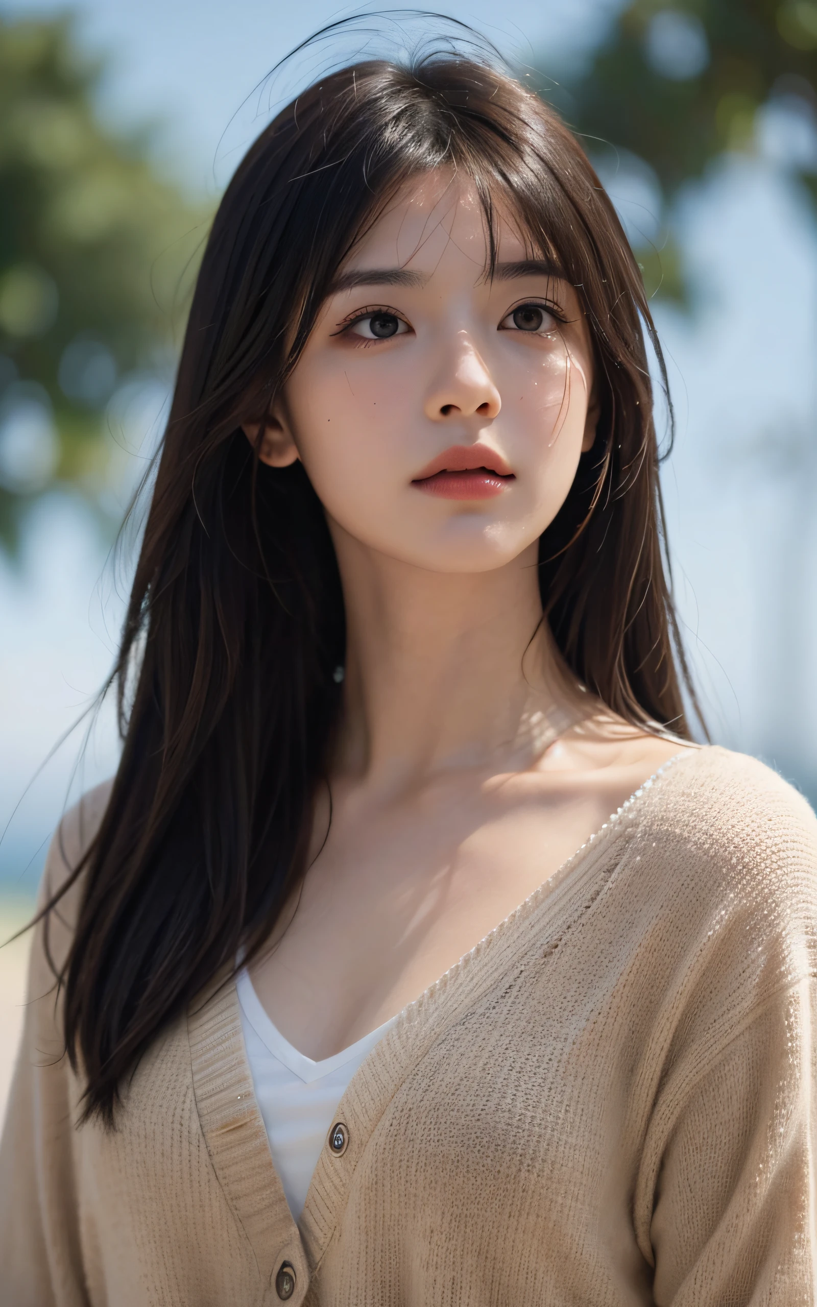 Masterpiece, best picture quality, high quality, beautiful woman, Japanese, detailed, detailed eyes, detailed skin, beautiful skin, ultra high resolution, (reality: 1.4),very beautiful, slightly younger face, beautiful skin, slender, (ultra realistic), (highresolution), (8K), (very detailed) (beautifully detailed eyes), (super detailed), cardigan, (wallpaper), (detailed face), looking at viewer, fine details, detailed face, sad, looking straight ahead, looking straight ahead, angle from waist up, realistic photo, bright lighting, professional lighting, mature woman, brown hair, sway in the wind shoulder length straight hair, long stylish bangs,