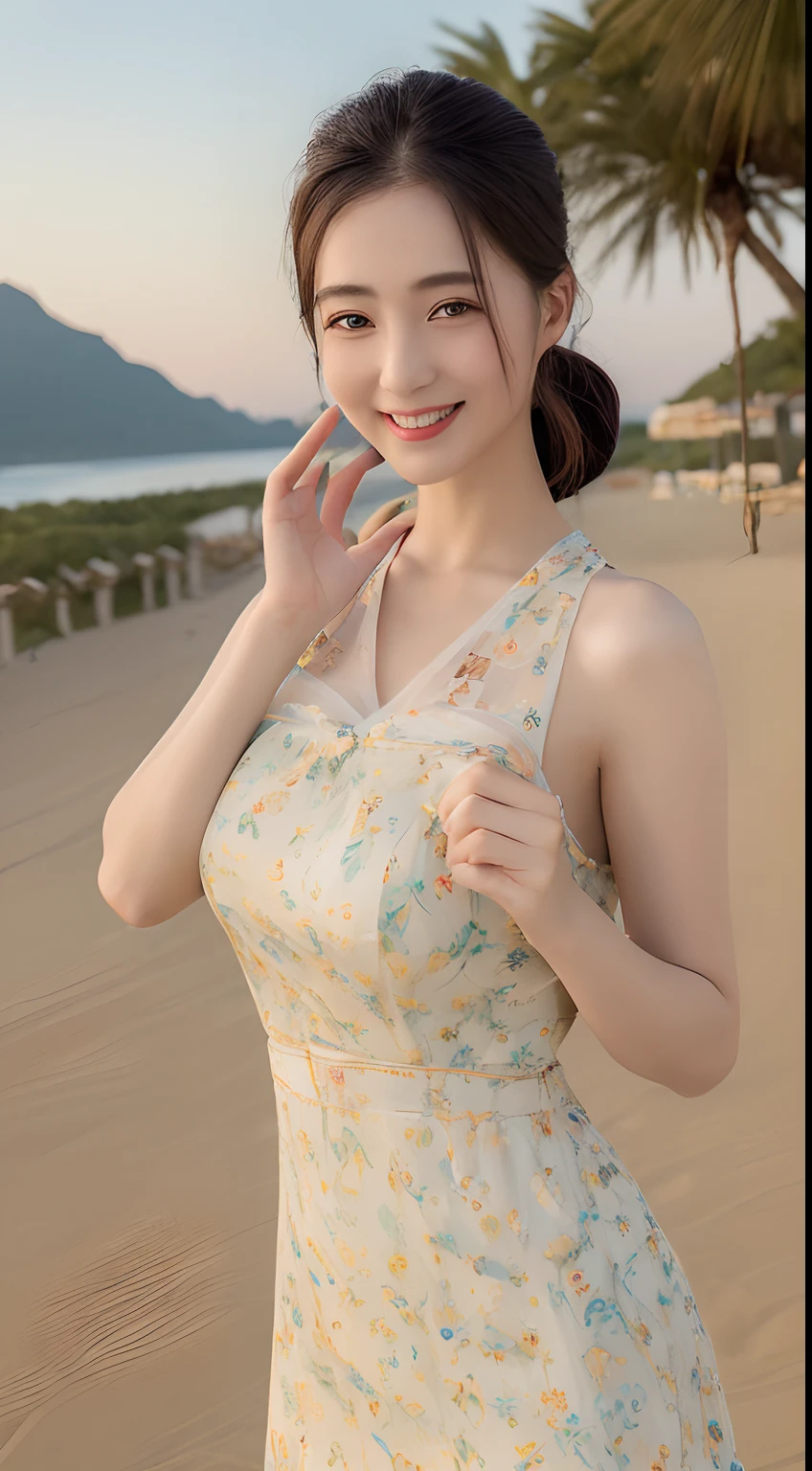 ((top-quality、8K、masterpiece:1.3))、1girl in、Slim Abs Beauty:1.3、(Hairstyle Casual、huge tit:1.2)、qipao dress:1.1、Super fine face、Delicat eyes、二重まぶた、a smile、sand beach